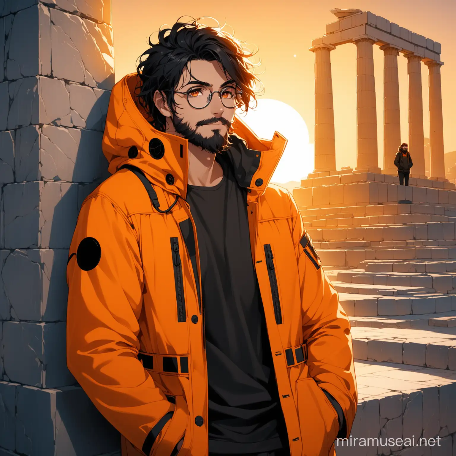 (masterpiece) , black hair, small round glasses, messy hair, orange brown bangs, wear hood, bright orange eyes, short 1 day shaved beard, wearing orange futuristic parka, military black pants, black combat boots, smiley face expression , lean on the wall, hands on the pocket, upper body in frame. antiquity, greece monument, vivid, cinematic lighting
