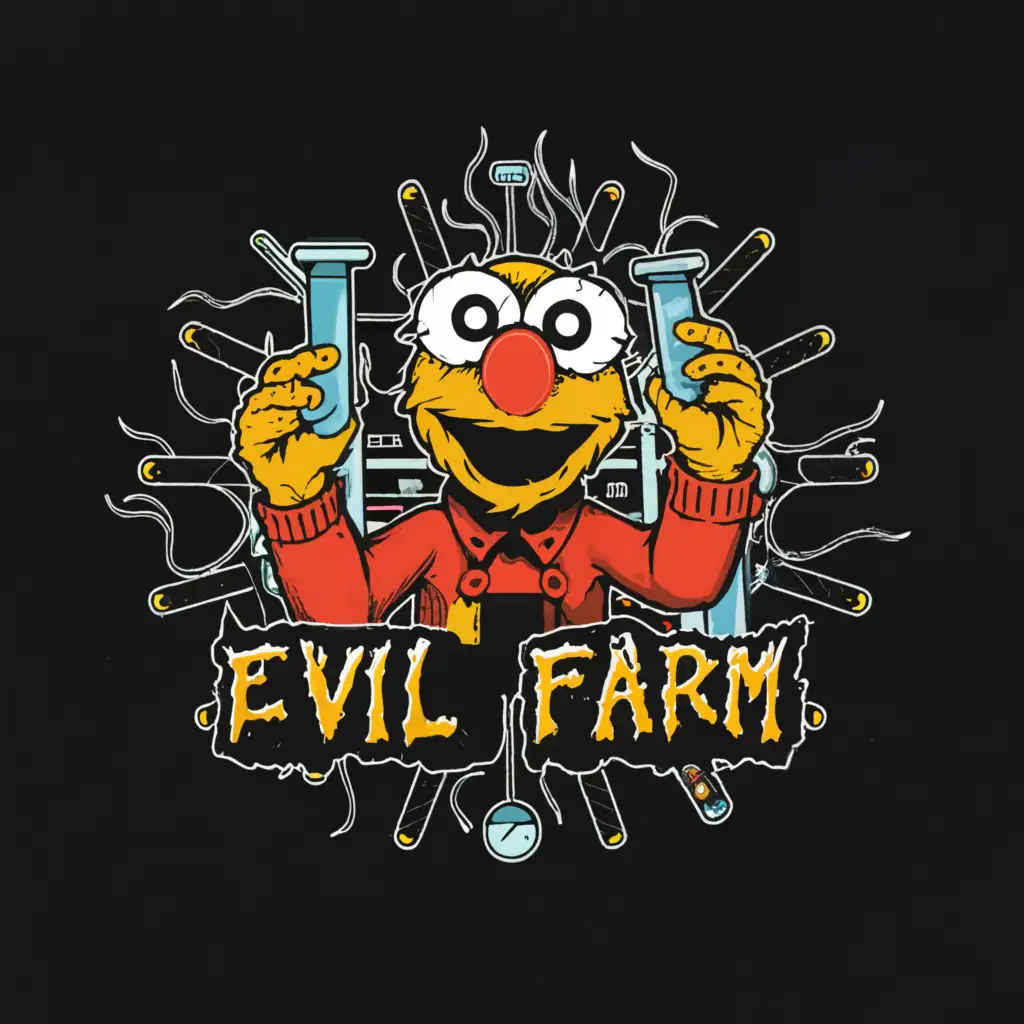 a logo design,with the text 'Evil Farm', main symbol:Muppet's Elmo dressed in streetwear working in a laboratory. In the logo, there are presses for Rosin and test tubes filled with yellow wax. The logo is round and captivating; in the background, there is an advanced Chemical Laboratory.,complex,be used in Technology industry,clear background