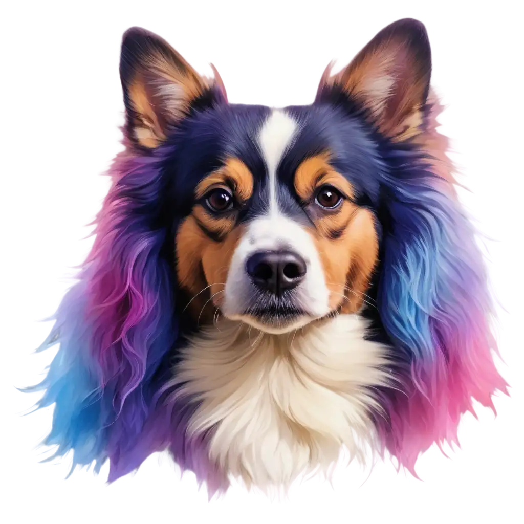 a colorful dog with long hair and a long tail, colorful, dog, dog png and pst, digital art. highly detailed, digital art highly detailed, digital art highly-detailed, drawn with photoshop, painting of cute dog, detailed realistic colors, painted in bright water colors, beautiful dog head, highly detailed digital art, high definition background, transparent background