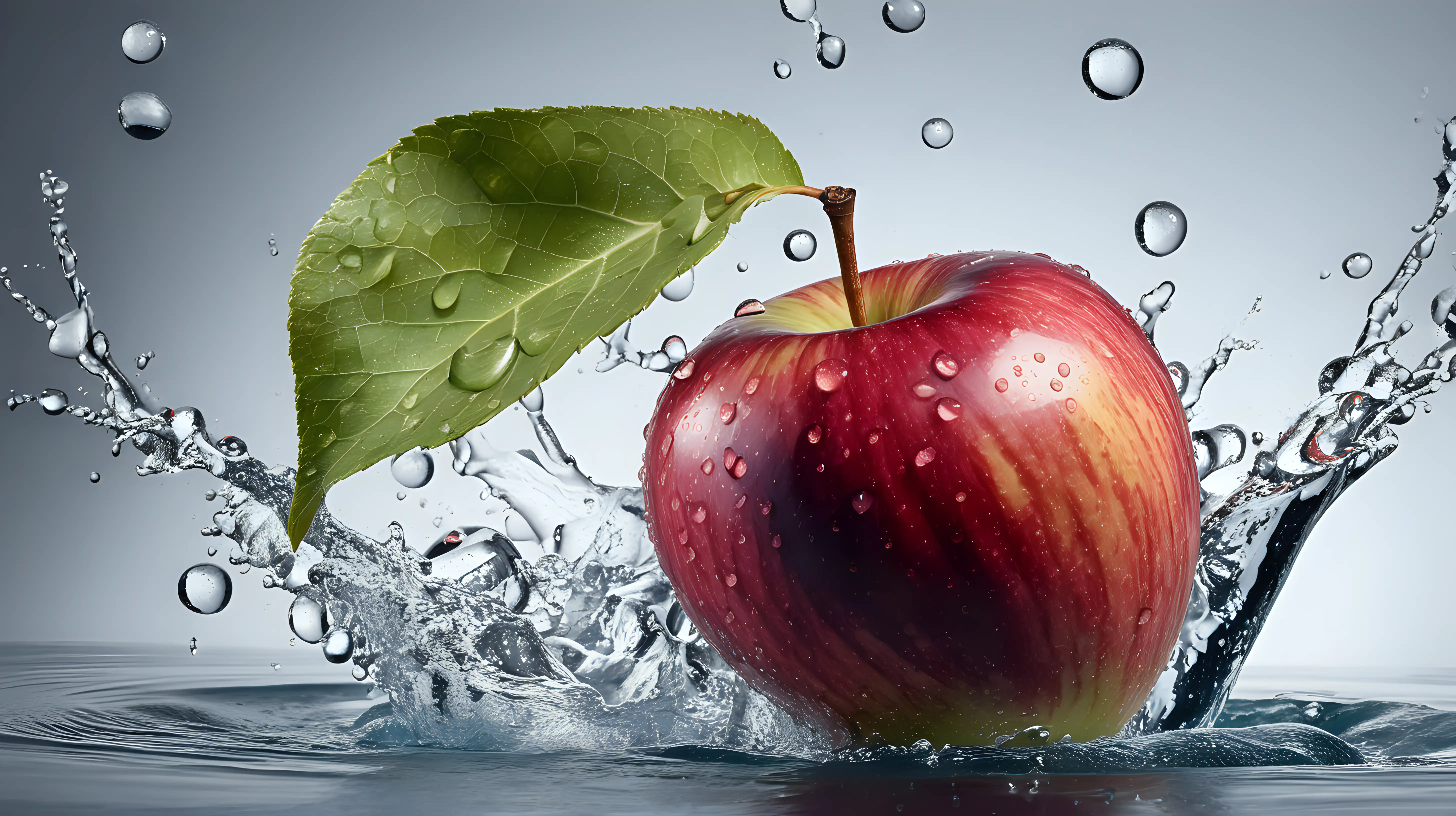 Dynamic Composition: Introduce a slight tilt or angle to the apple, breaking away from a traditional centered composition. Emphasize the unique positioning of the single leaf and water droplets for a more dynamic visual effect.



