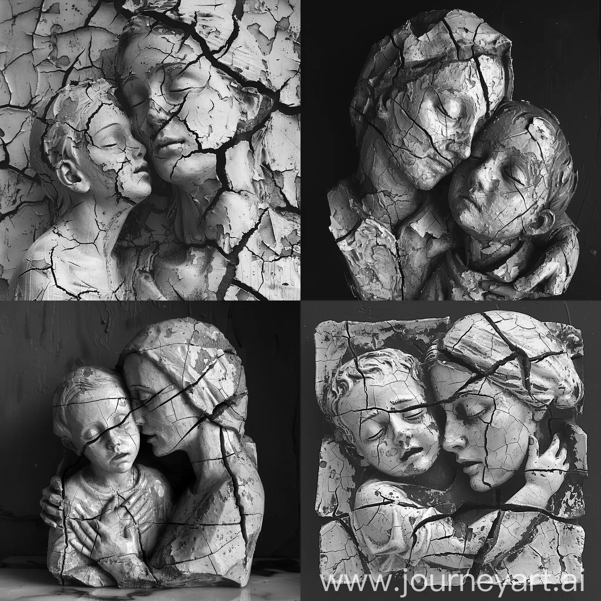 paint me a tempera style, black and white, stone sculpture of an mother and sick child, cracked and chipped by the ravages of time