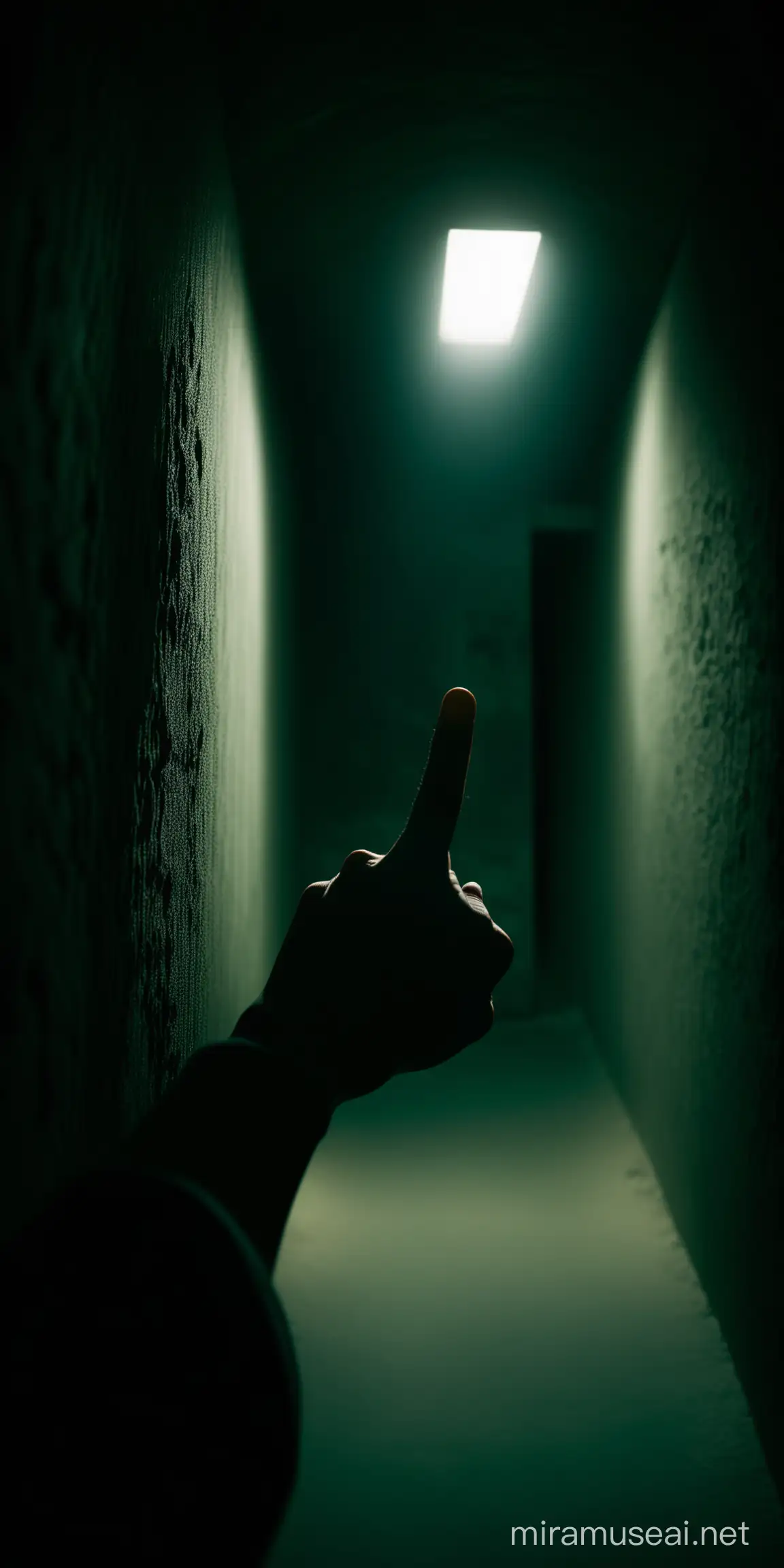 Cinematic Close shot of a hand pointing at a dark place with its index finger in an underground secret room with dark green contrasts and vibe. The shot of picture should be shot from below
