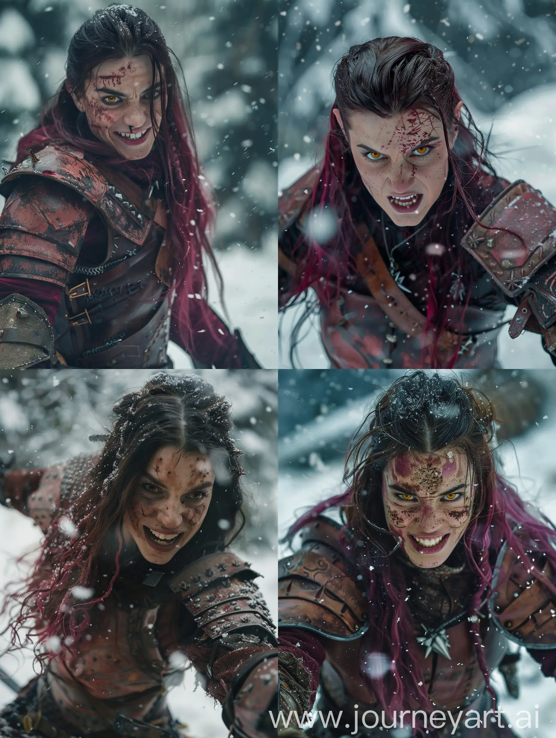 Cinematic, documentary photo, medieval woman witcher fighting and winter background, intense confidence and determination, intimidating. She is a witcher, she has honey cat eyes, dark pink long hair, grim smile, she has scars, Medieval armour with red and brown colours, directed by Ridley Scott, shot with Arriflex 35BL Camera. Canon K35 Prime Lenses, 70 mm -- style raw