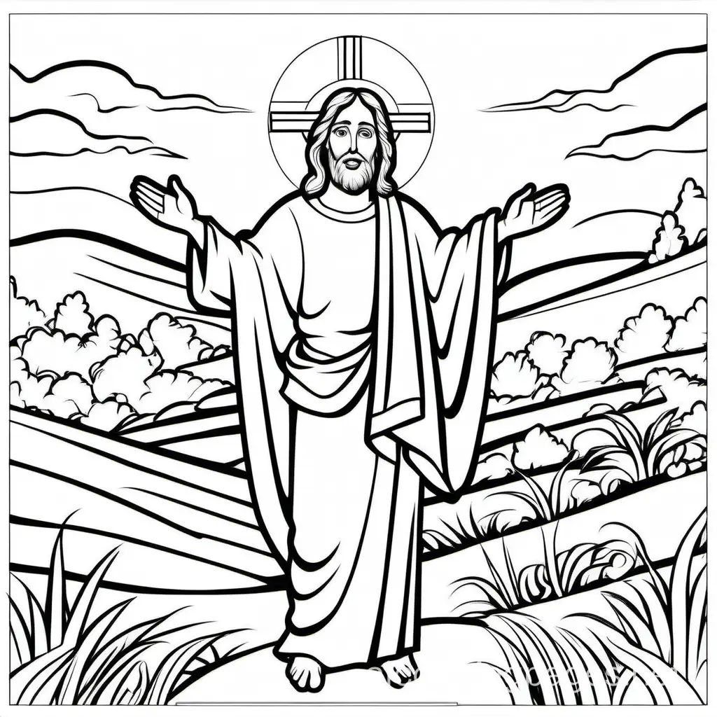 Christ is risen, Coloring Page, black and white, line art, white background, Simplicity, Ample White Space. The background of the coloring page is plain white to make it easy for young children to color within the lines. The outlines of all the subjects are easy to distinguish, making it simple for kids to color without too much difficulty
