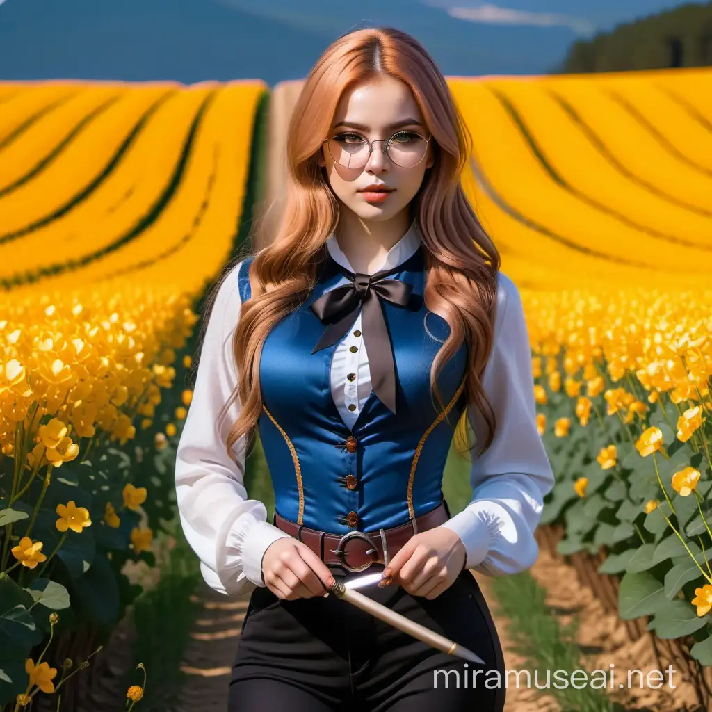 Victorian gothic, a beautiful woman, beautiful and big brown eyes rich in details, with long yellow hair, wearing beautiful glasses, with a black vest and a dark blue blouse, a very well decorated dark gray belt, wearing black pants, high black boots, carrying a long dagger in his right hand, holding a magic book in his left hand, in immense fields of flowers of different colors, invoking nature spirits, rich in details, high quality