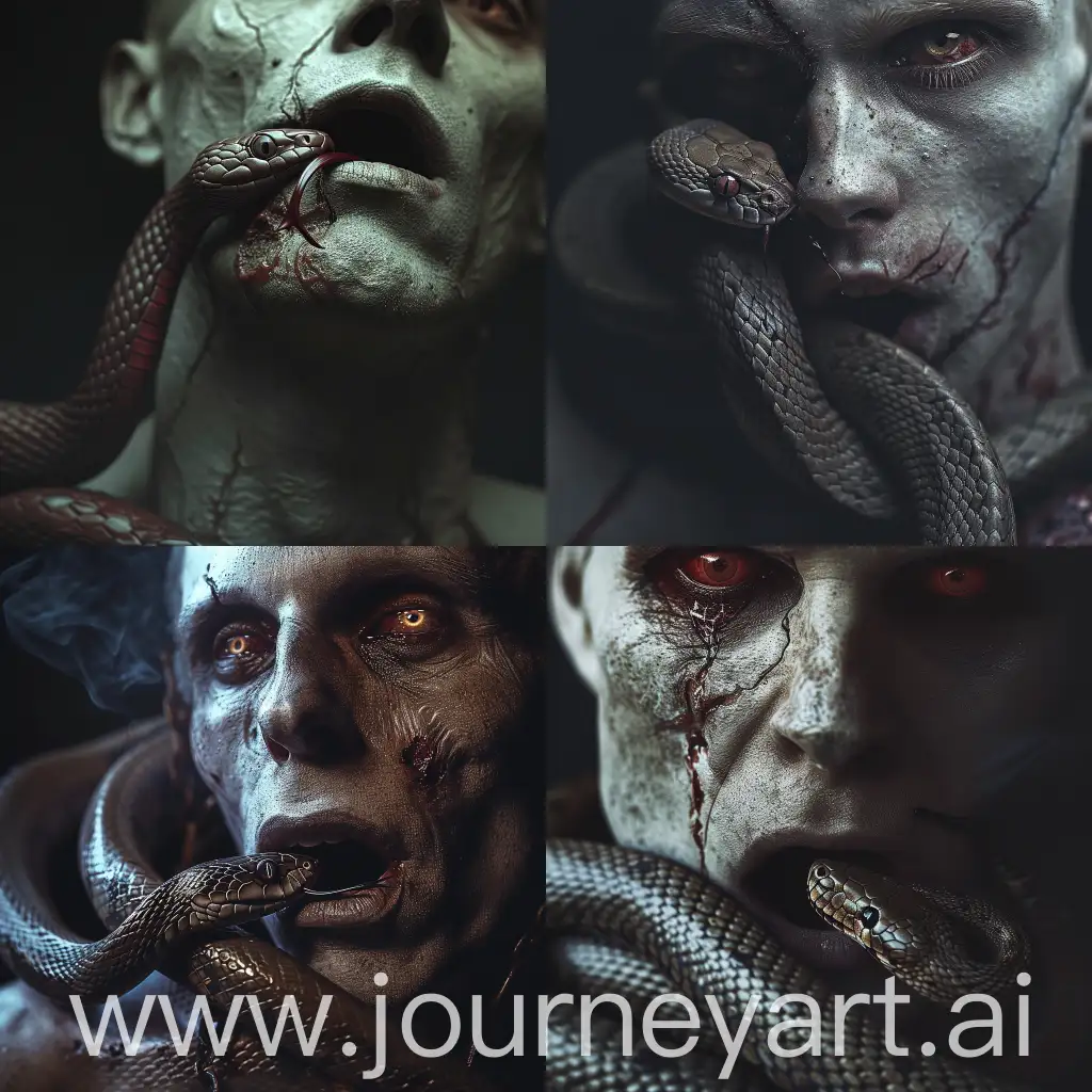 Blood snake gets into the creepy mans mouth, he has poisonious eyes, pale skin, creepy face, dark image, dark art, cinematic lighting, realistic image