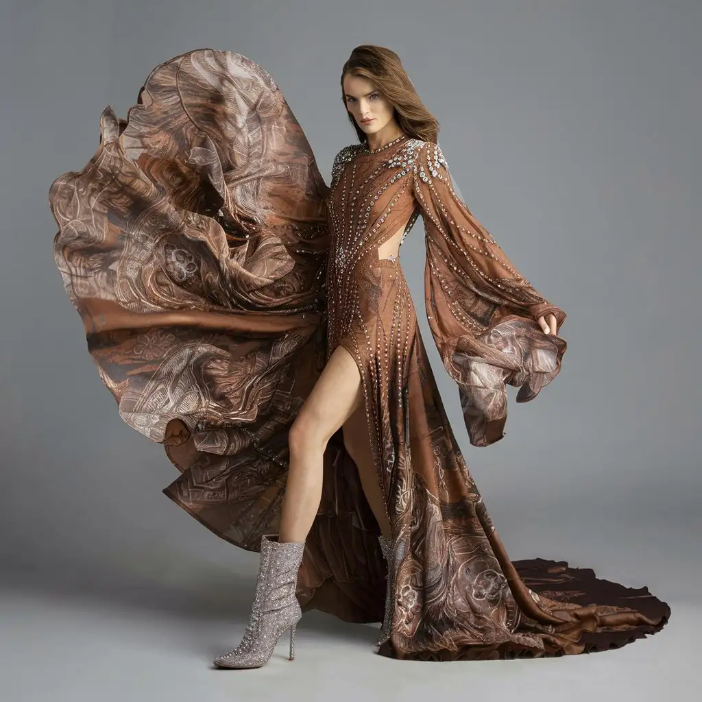 Design a luxury, fashionable, stylish, high standard, modern, angel vibed Brown celebrity dress for a woman wearing medium sized heel boots based on the the theme of casiphia with silver, gems and old aesthetic money or jwelles.