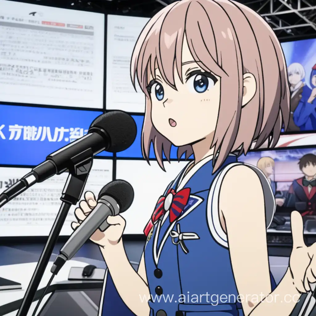 An anime character is broadcasting live news with a microphone