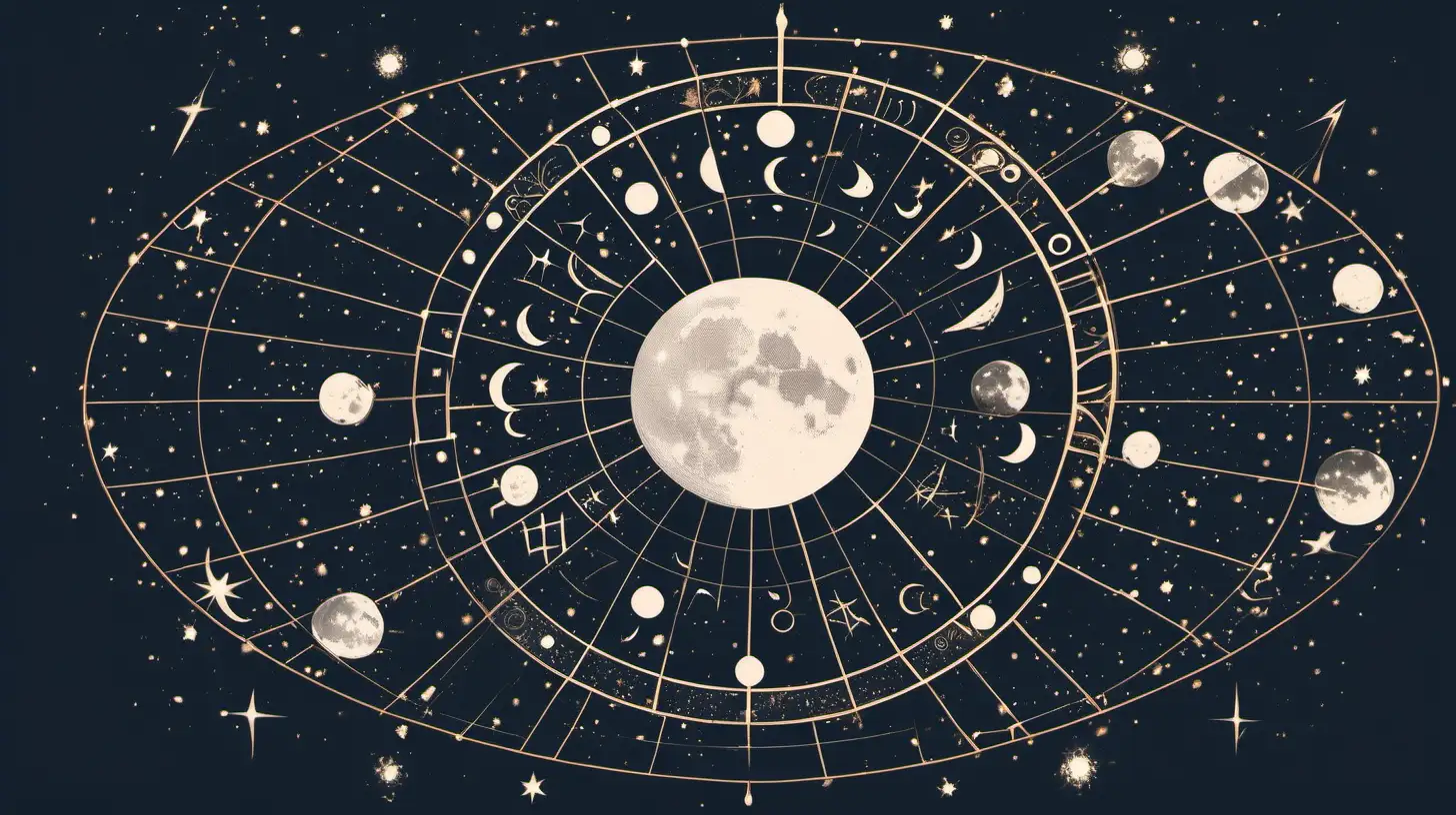 Draw An astrological wheel with  moon phases flying around it. Loose lines. Muted color, MİDNİGHT