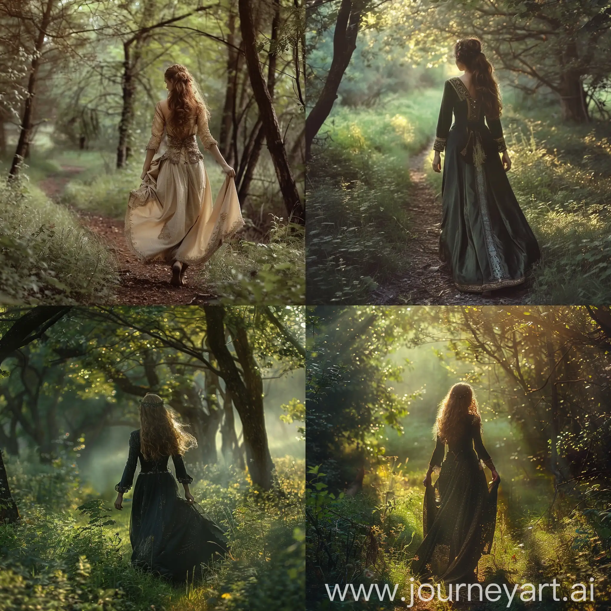 Beautiful medieval woman  walking  through  an enchanted forest 