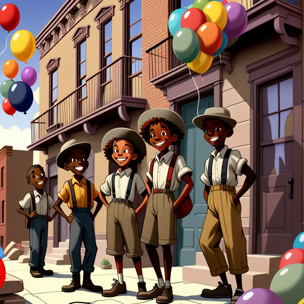 African American Teens Decorating Buildings with Colorful Flags and Balloons in 1900s Cartoon Style