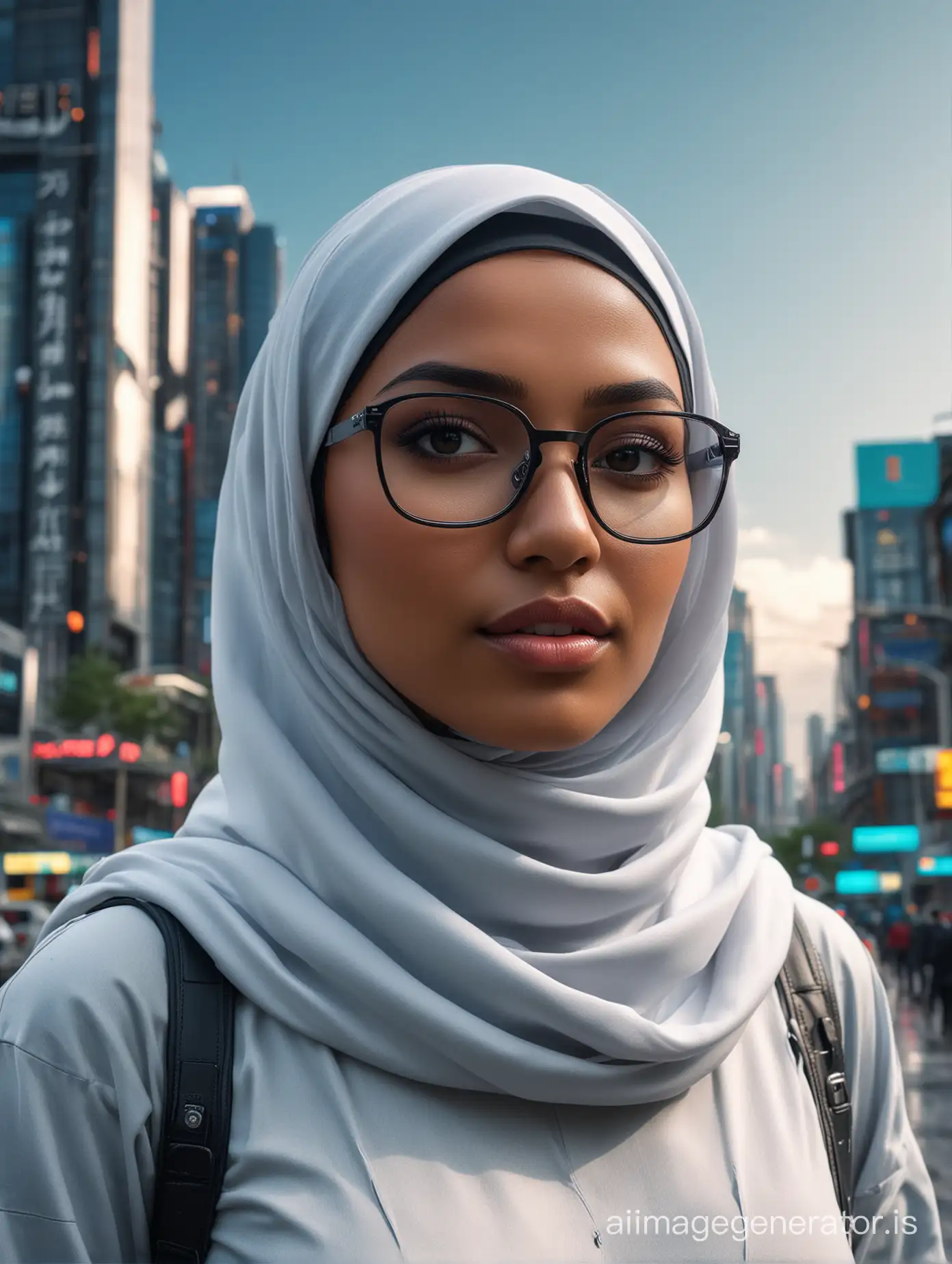 professional photography realistic model, full body, medium angle, a beautiful malay Muslim woman, wearing clear glasses with black frames, wearing hijab, perfect for a warm day. Behind her is a bright blue sky, indicating good weather and perfect for an outdoor walk. located in a modern futuristic city park with cyberpunk effects, neon lights, realistic, detailed, sharp colors, cgi effect, with added rain in the background, robots around, canon eos