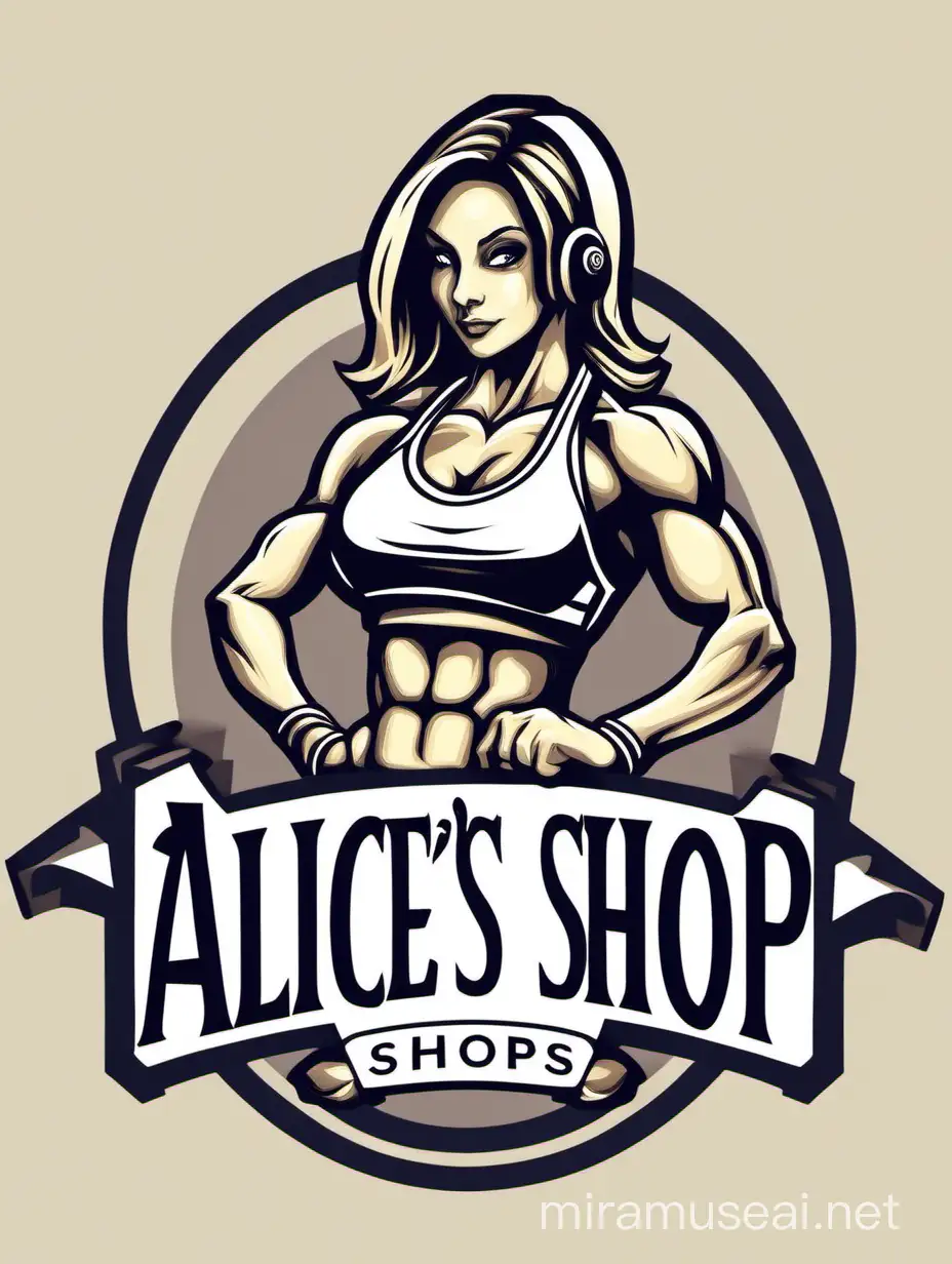 Crea un logo de ropa de gym con el nombre Alice's Shop