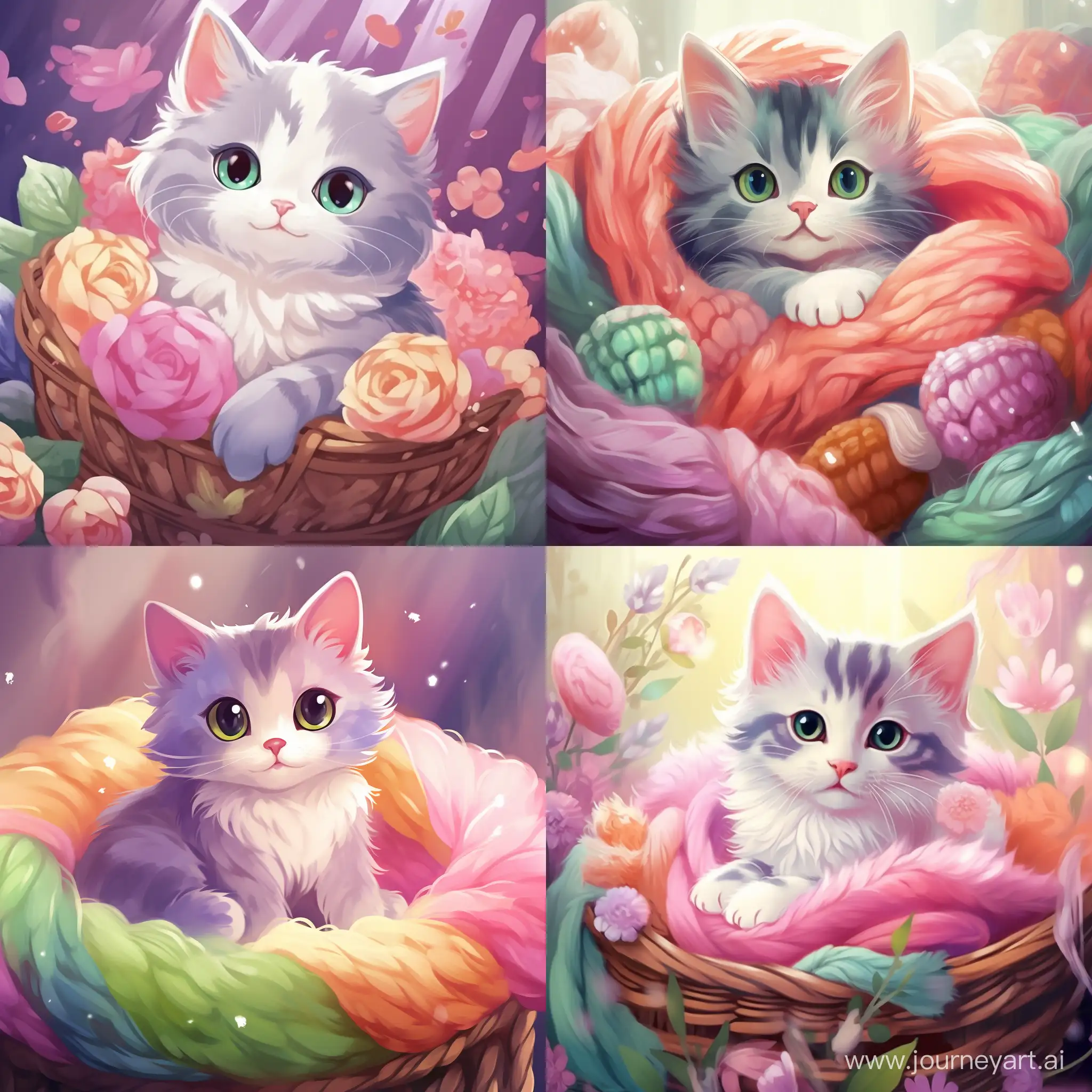 "Generate an adorable image of a tiny, fluffy kitten with bright, round eyes, sitting playfully in a cozy basket surrounded by soft blankets. Ensure the setting is warm and inviting, and the kitten has a curious and innocent expression that instantly melts hearts. The color palette should be gentle, featuring pastel tones that accentuate the cuteness of the scene. Bonus points for incorporating subtle rays of sunlight to add a touch of warmth to the overall composition."

