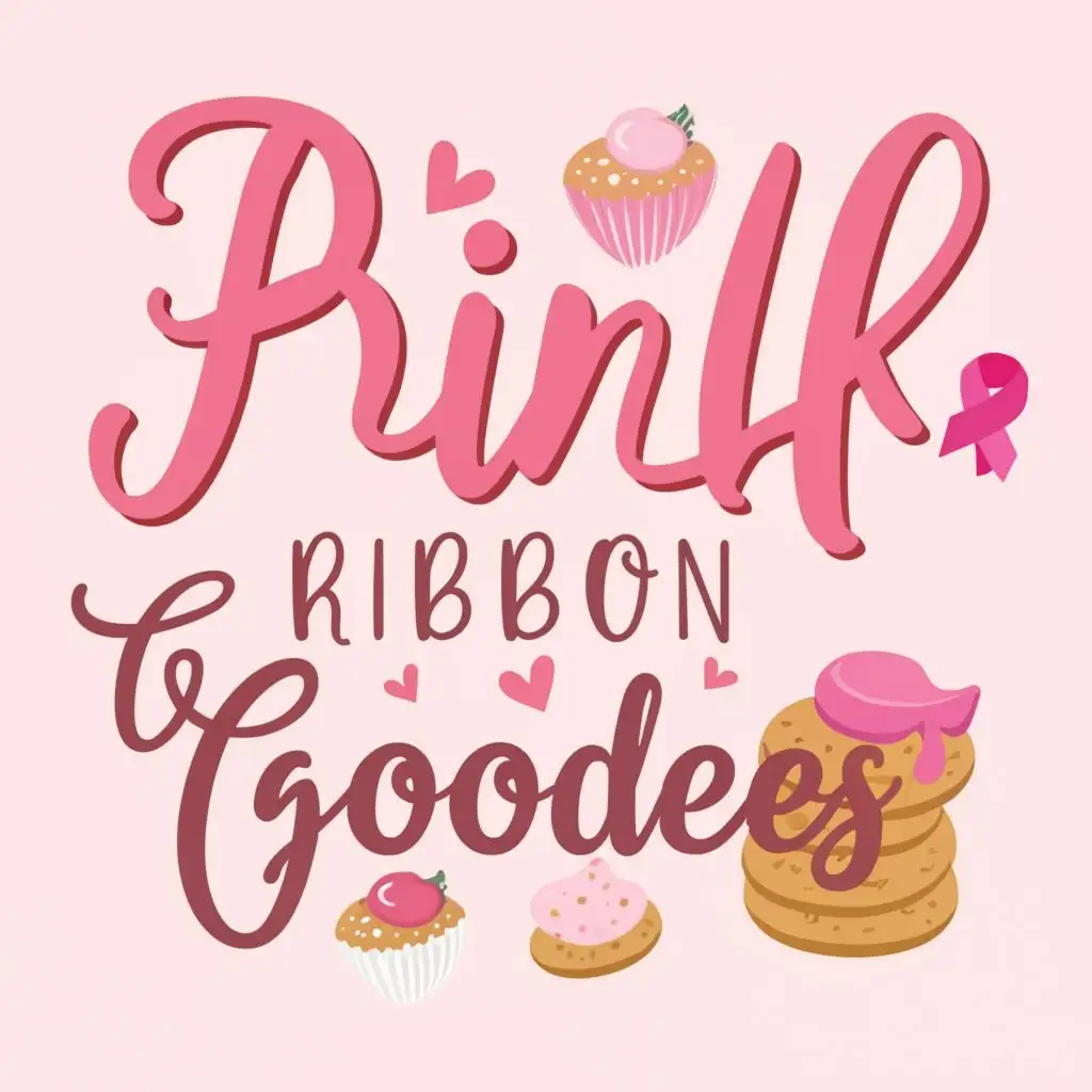 logo, pink ribbon cupcakes and cookies, with the text "pink ribbon goodies", typography