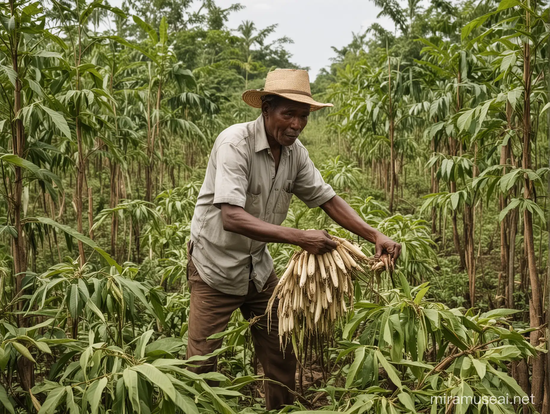A farmer with passion, dedicated hard work picking ripe cassava.