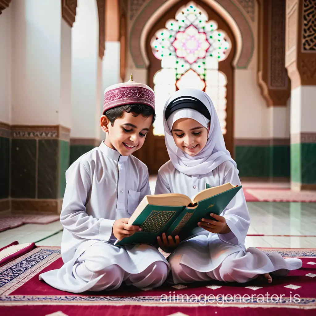 happiness boy and girl reading quran at  madrasa