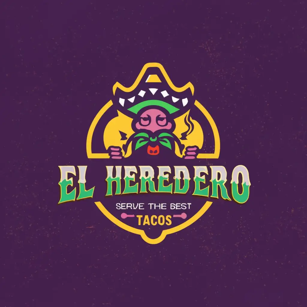 a logo design,with the text "TAQUERIA EL HEREDERO THE BEST TACOS IN TOWN", main symbol:King of tacos, color: yellow, lime purple,Moderate,clear background
