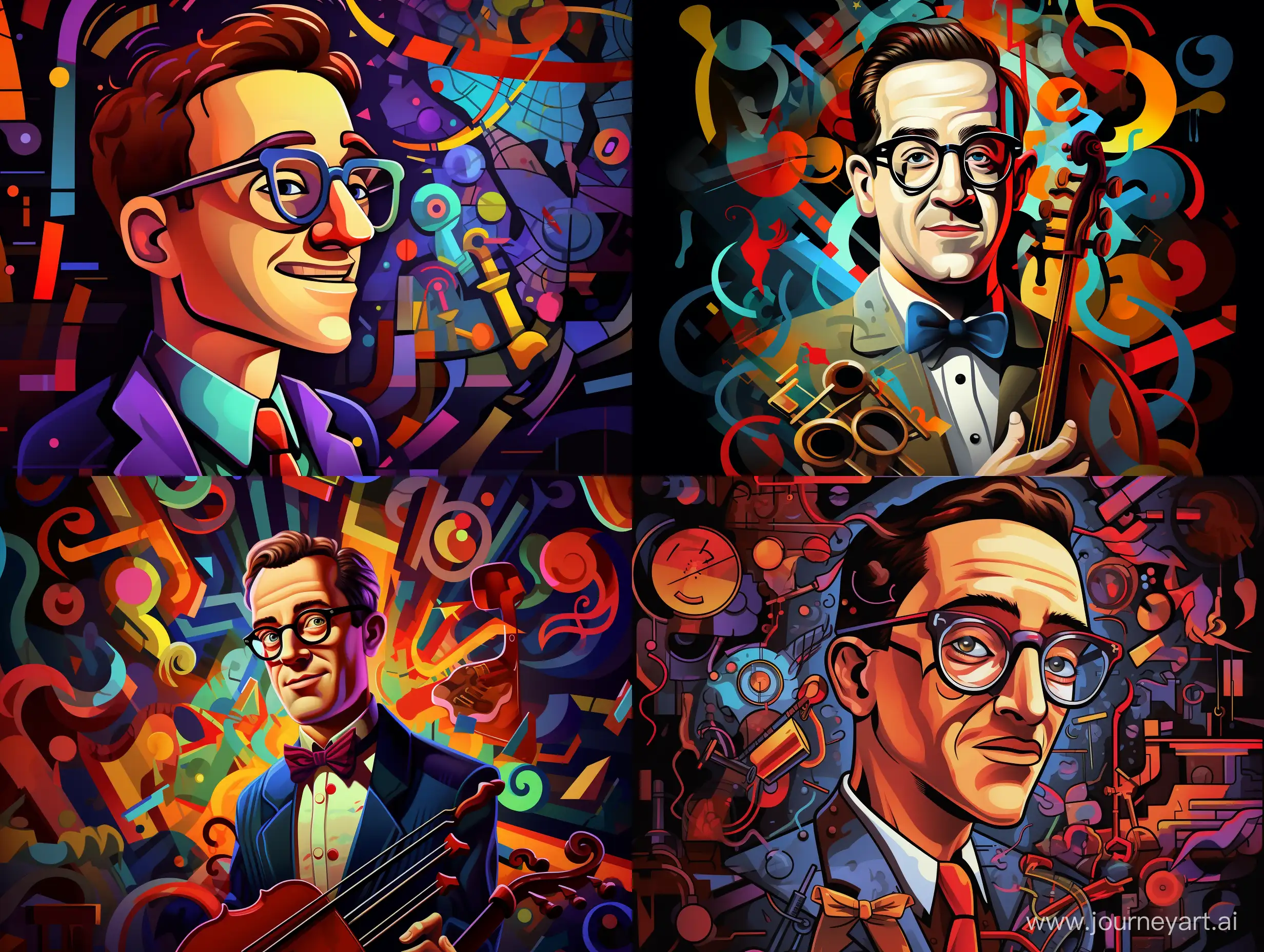 Portrait of Benny Goodman, wearing glasses, in a thin metal frame, against a background of musical symbols, complex colors, cartoon style, caricature, pop art style