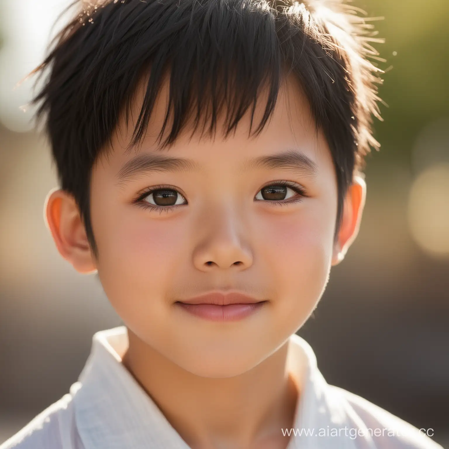 A handsome Chinese boy of about 5 or 6 years old, with an oval face, fair skin, short black hair, bright and spirited black eyes, a straight nose, and a slightly upturned mouth, exuding confidence in the sunlight.