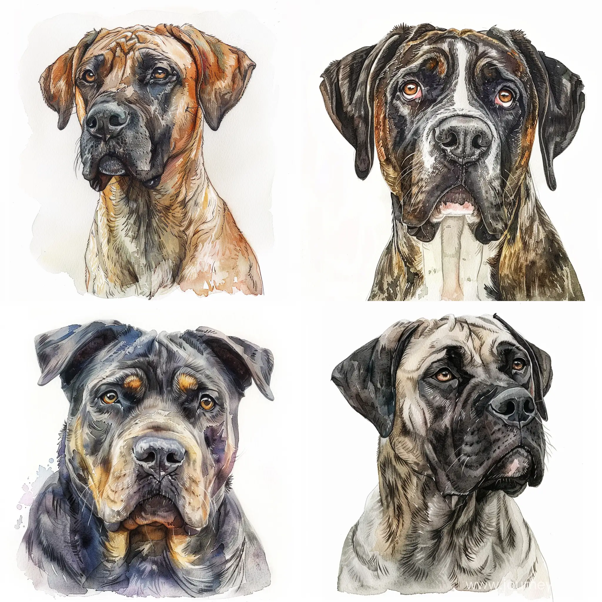 watercolor portrait, chest-high image of a mongrel large dog, cute muzzle, white background