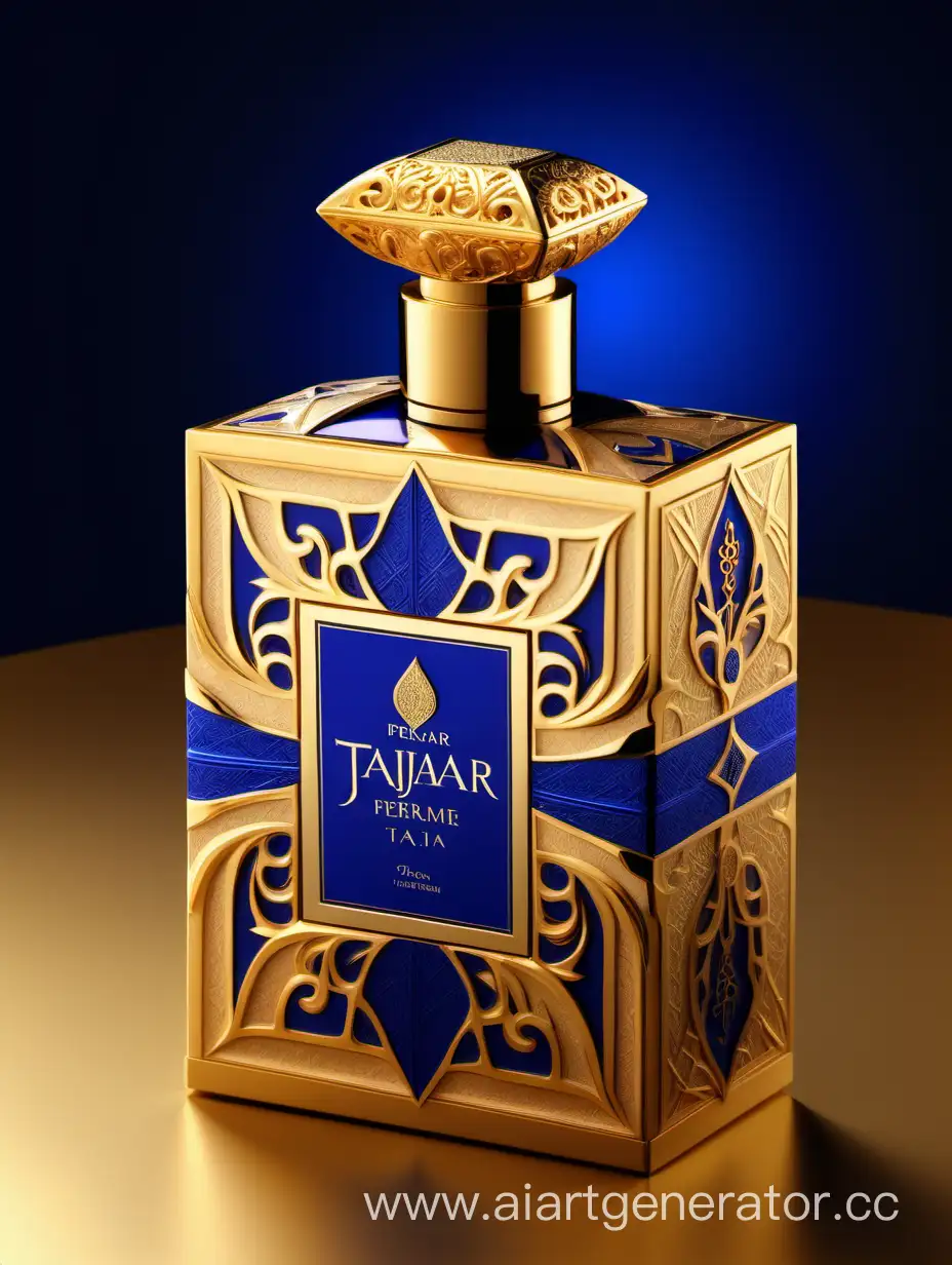 Luxurious-TAJDAR-Perfume-Box-Design-with-Gold-Royal-Blue-and-Beige-Elegance