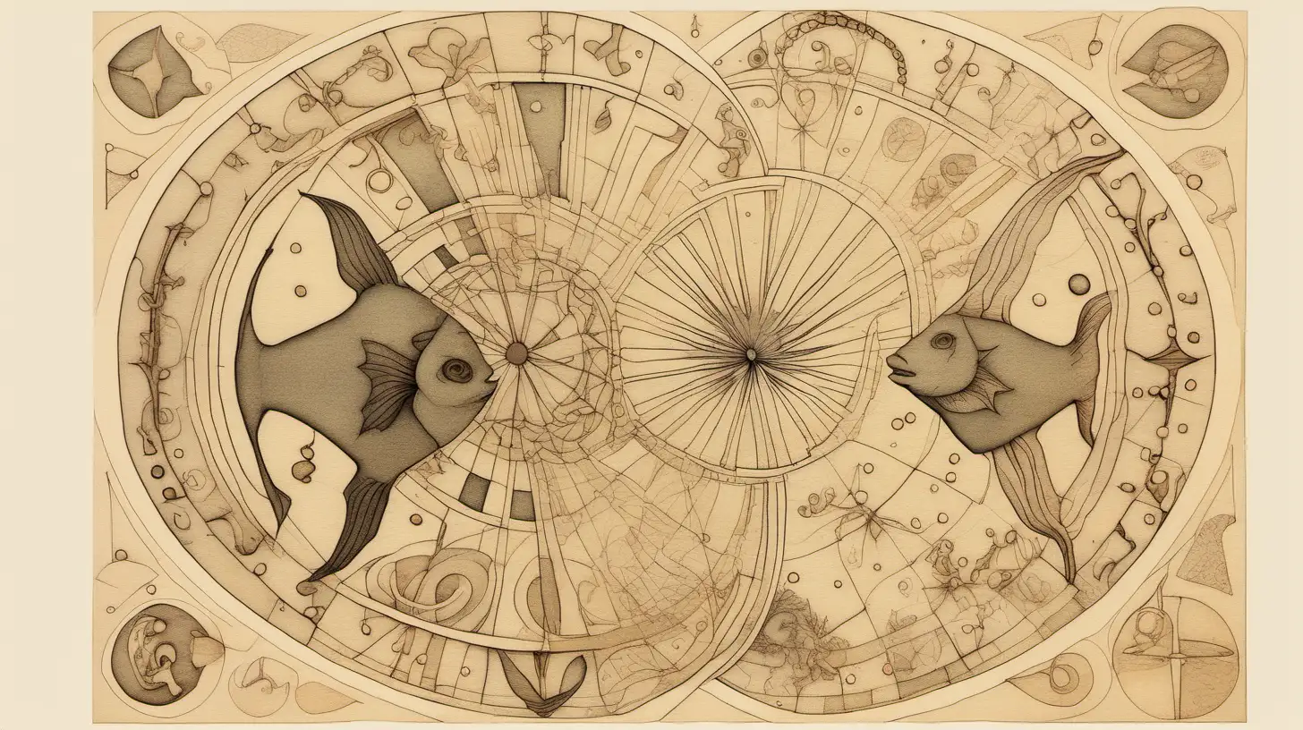  Astrogical wheel pisces in love, etching, on light beige, bold color, muted palette,, loose line drawing, playfully intricate, puzzle-like elements, 