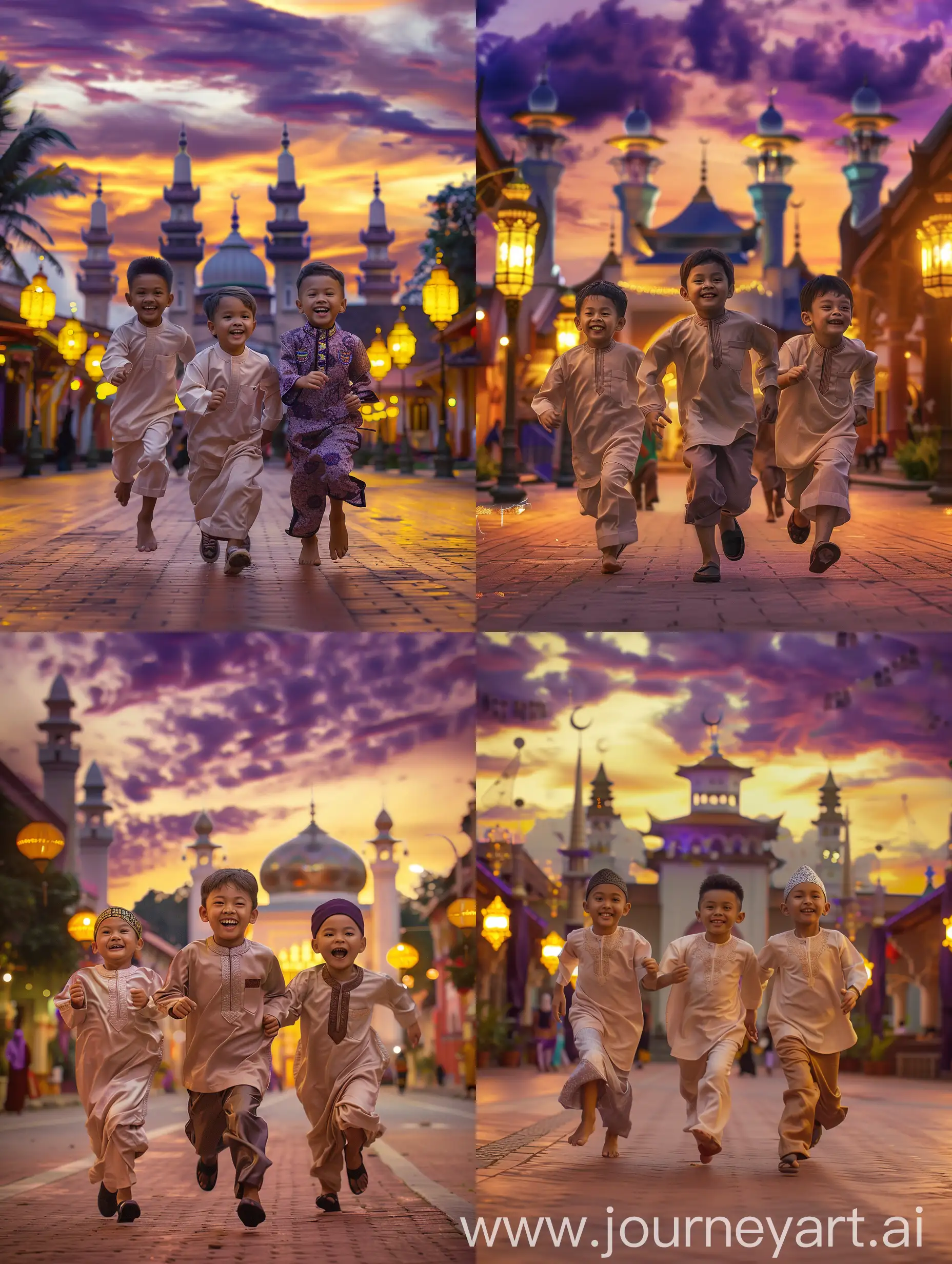 ultra realistic, three young Malaysian boys are running happily towards the mosque. they wear plain baju malay and wear songkok. The atmosphere is night and the sky has purple and yellow clouds. The mosque is illuminated by the light of traditional lanterns on the left and right of the street. canon eos-id x mark iii dslr --v 6.0