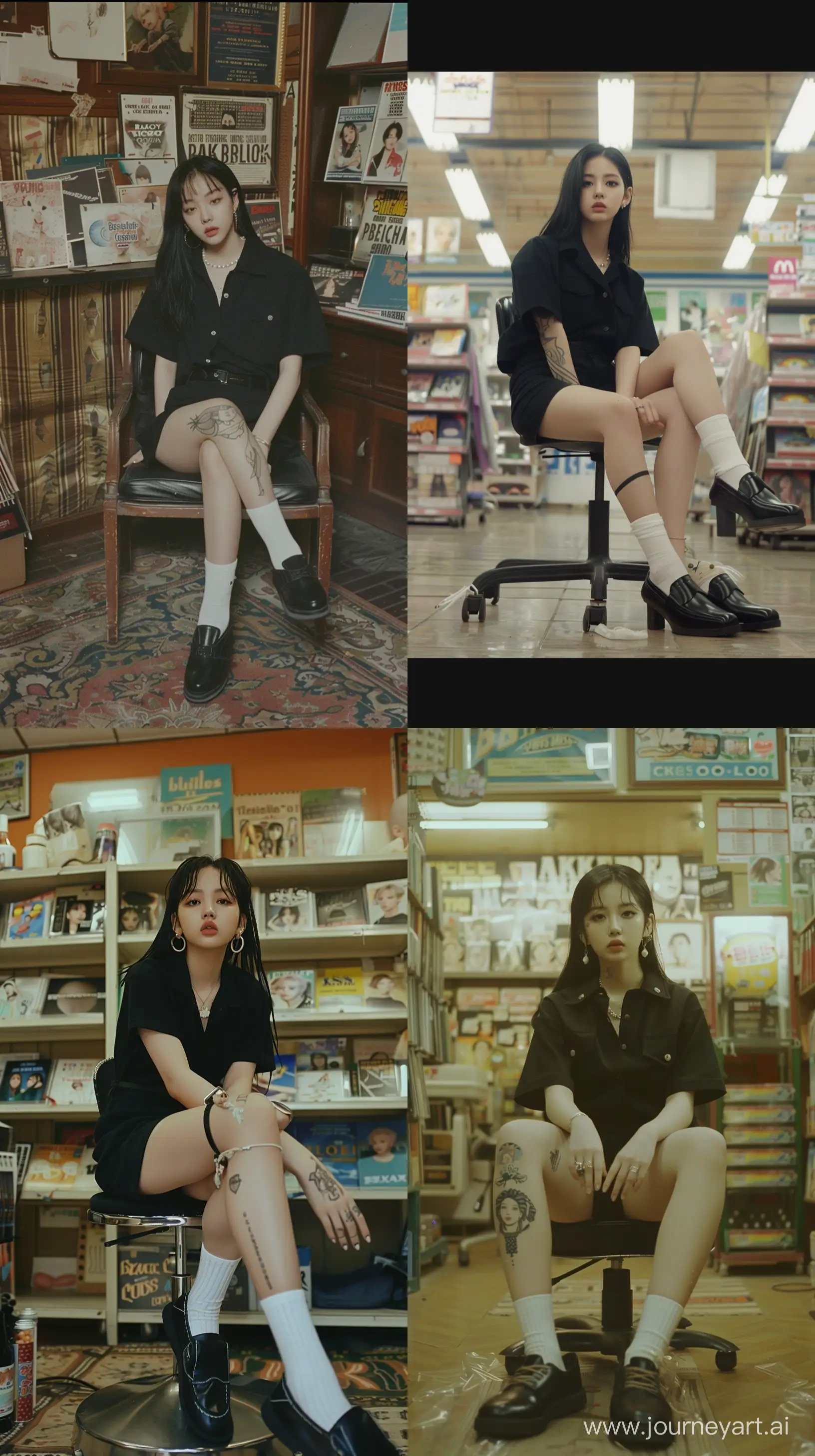 a photo of blackpink's jennie ,wearing black shirt and black short pants with black loafers shoes, white socks, sit on chair in the album store bared face,low film, black hair,cute tattoo,fujifilm --ar 9:16