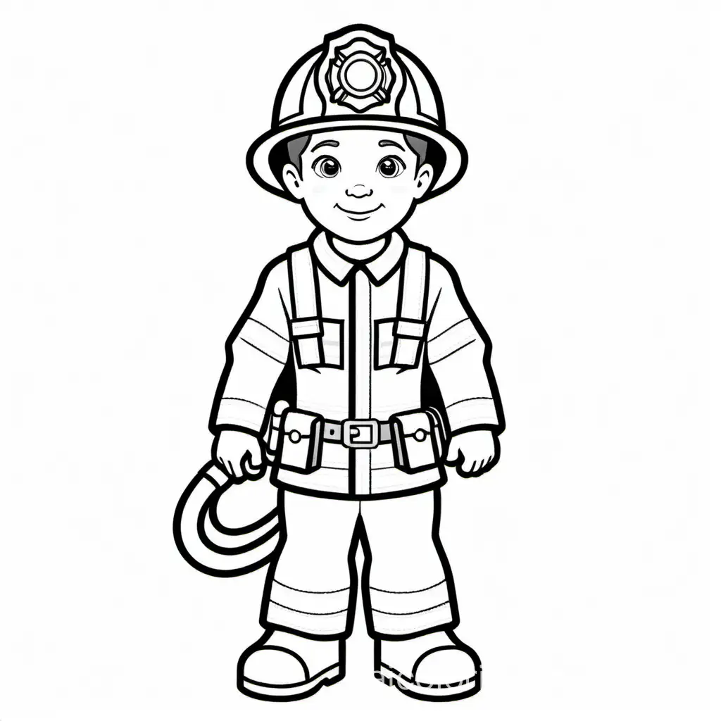 Fire fighter 
No background , Coloring Page, black and white, line art, white background, Simplicity, Ample White Space. The background of the coloring page is plain white to make it easy for young children to color within the lines. The outlines of all the subjects are easy to distinguish, making it simple for kids to color without too much difficulty