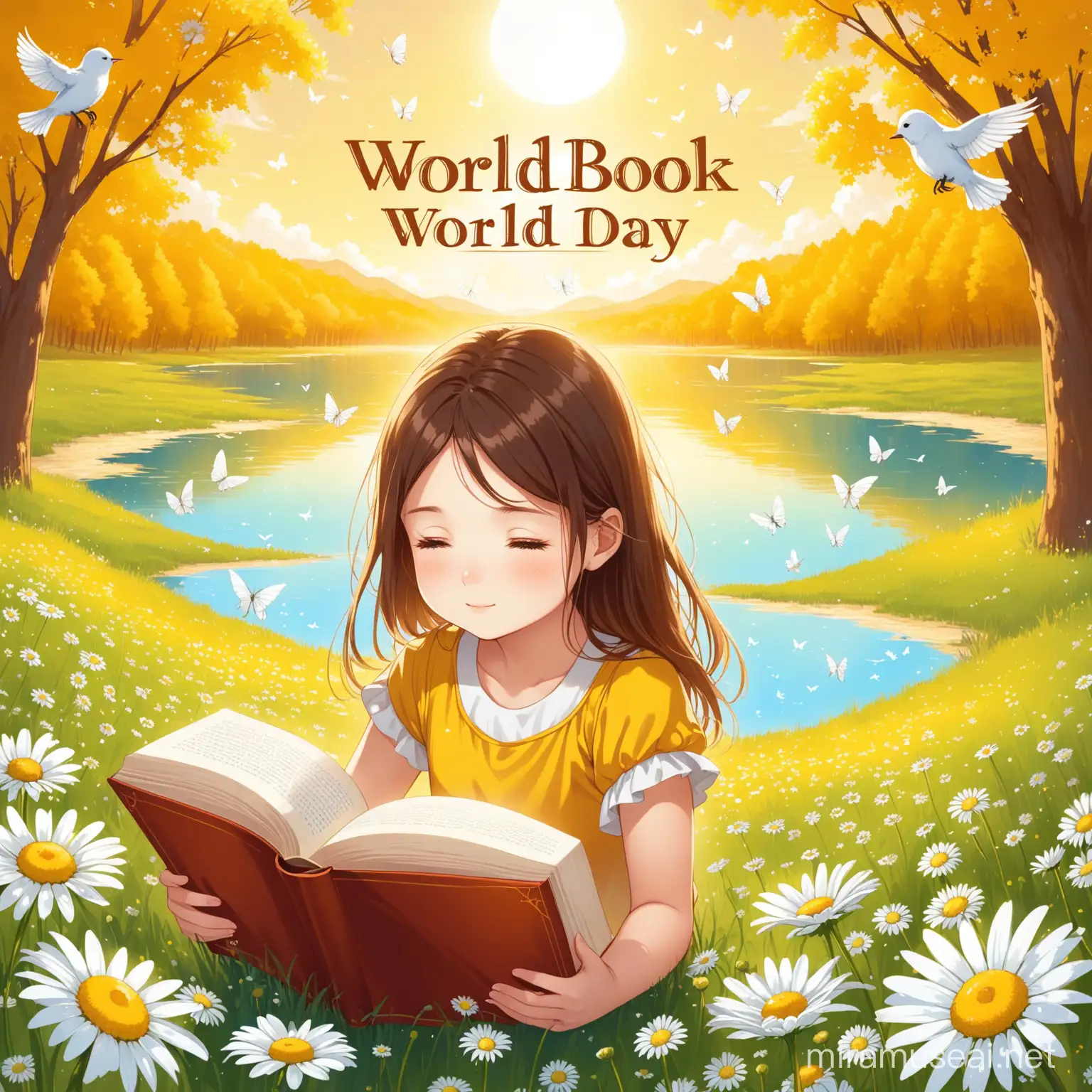 Young Girl Reading by Yellow Lake Childhood Scene with Chamomile Flowers and World Book Day