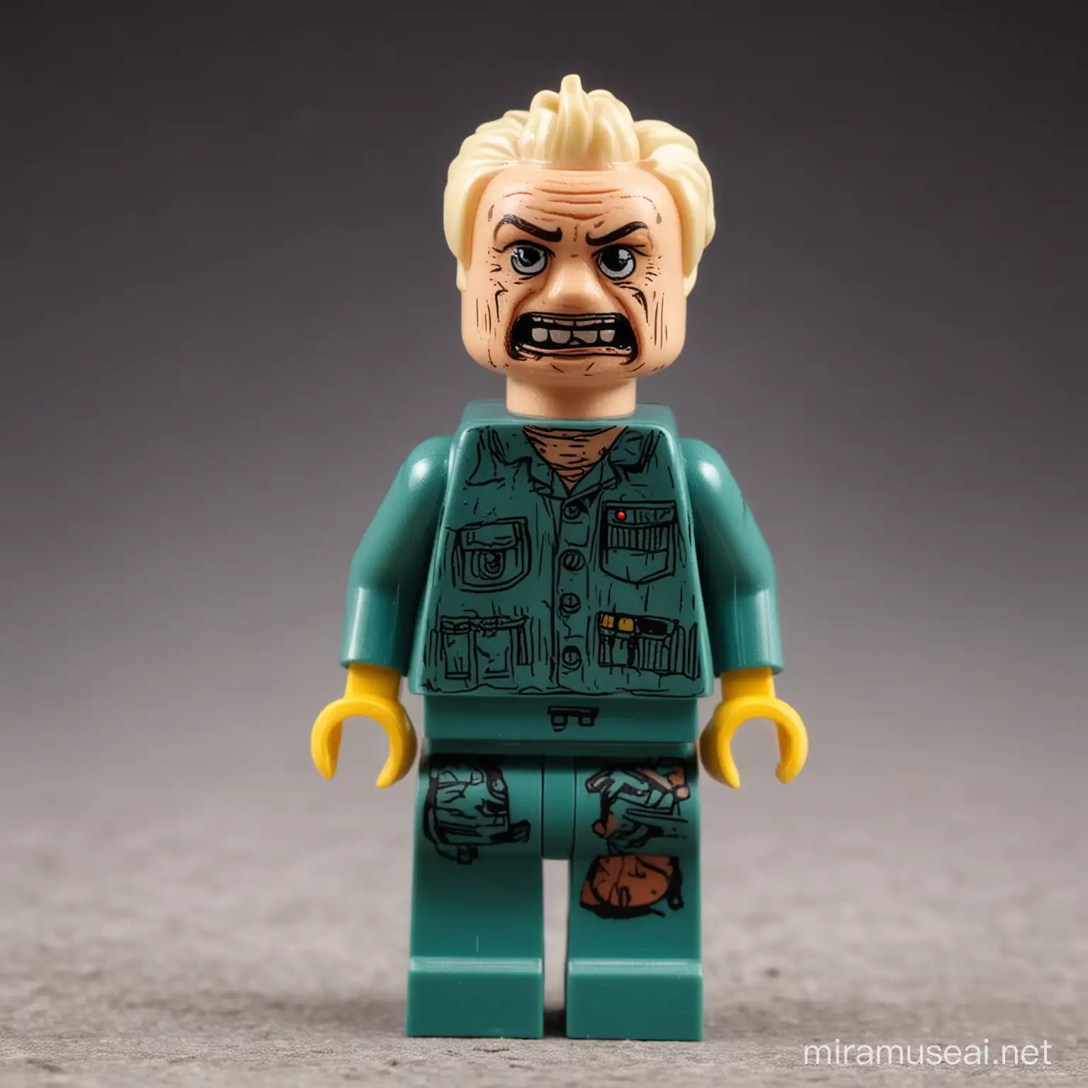 A meth addict Lego Minifigure. With a scabby face and bad teeth. Clothes that look like they have been worn for several days
