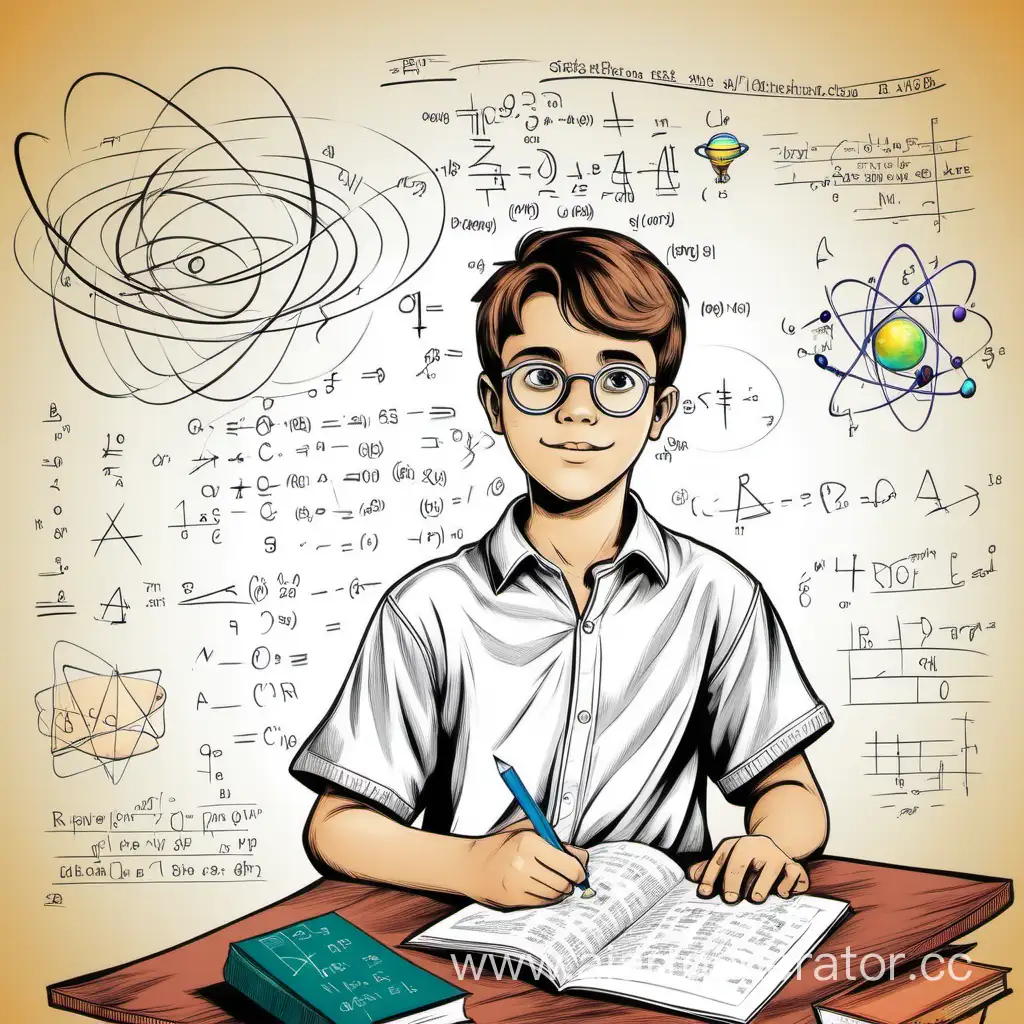 нарусуй мальчика который учиться , в цветном вормате , и с формулами физики вокруг, также плакат с местом для тукста


