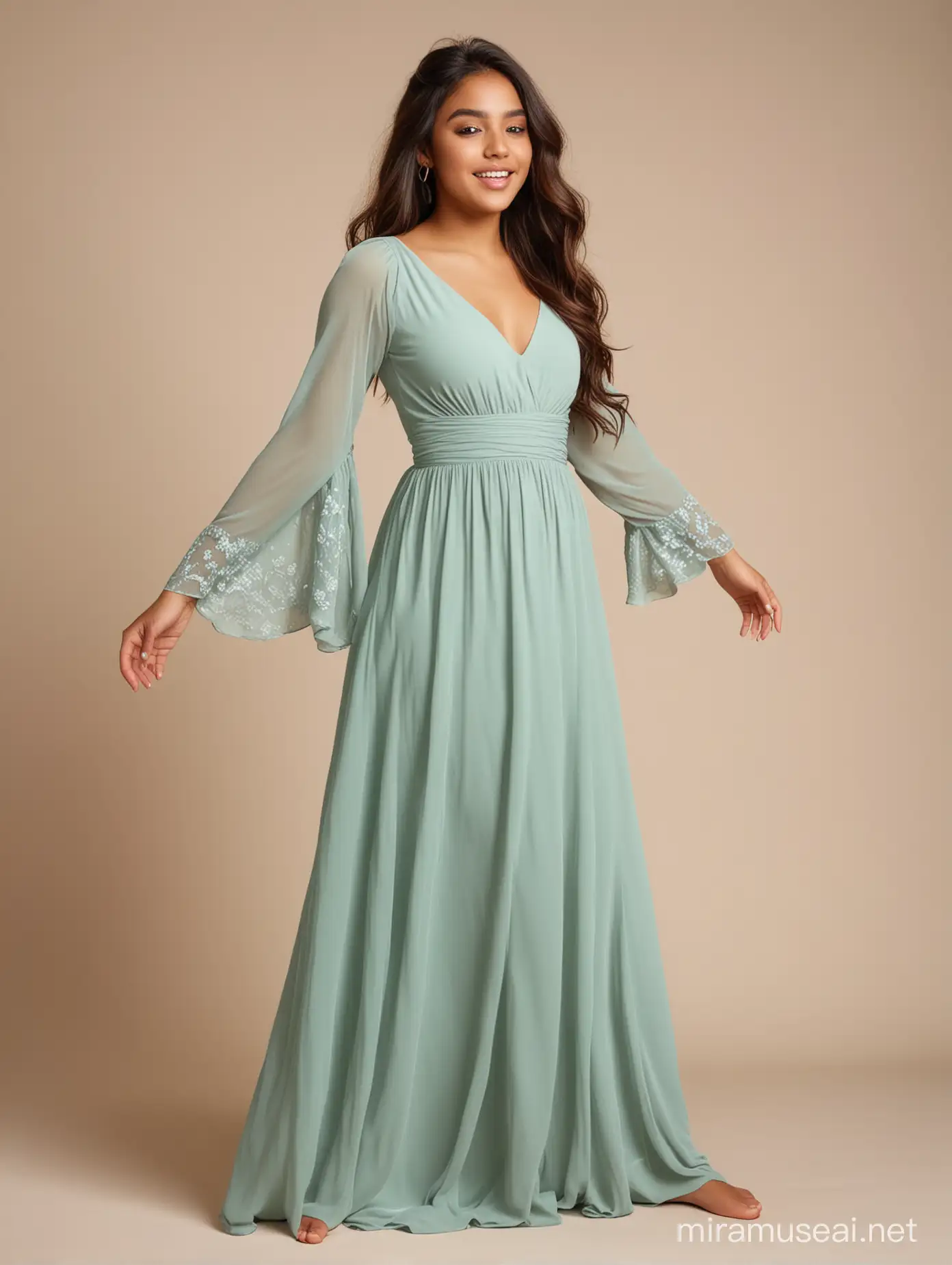 Beautiful Latina teenage Bridesmaid woman with makeup and long hair wearing an ankle length dress with very long flowy sleeves barefoot. plain background. Putting both her hands on her stomach.