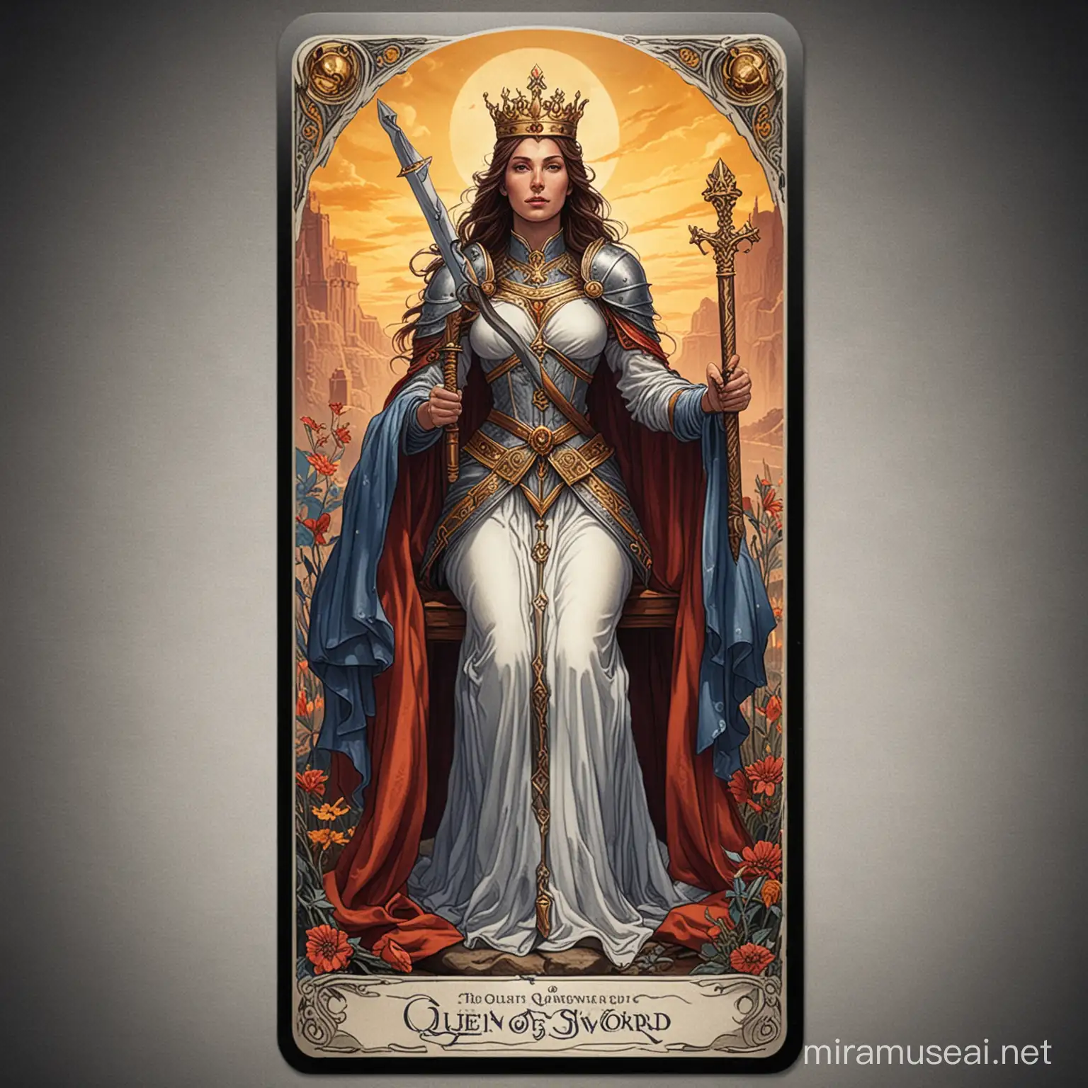 Mystical Queen of Swords Tarot Card with Graceful Wisdom