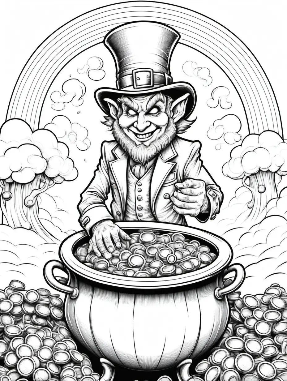 evil leprechaun coloring book book page for adults, pot of gold, white background, line art, black and white, no shading, no greyscale, plenty of negative space to color, a lot of white