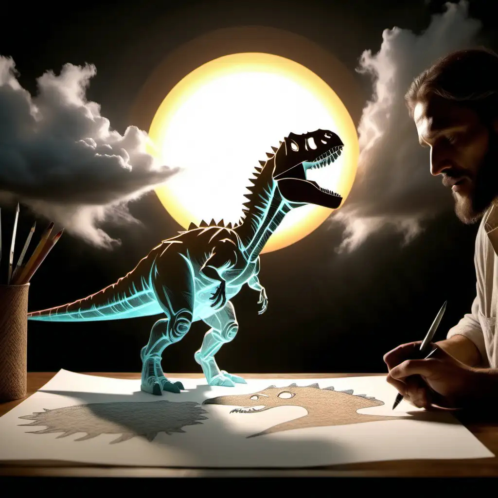 Divine Creation Jesus Christ Unveiling a Dinosaur Masterpiece in Luminous Attire