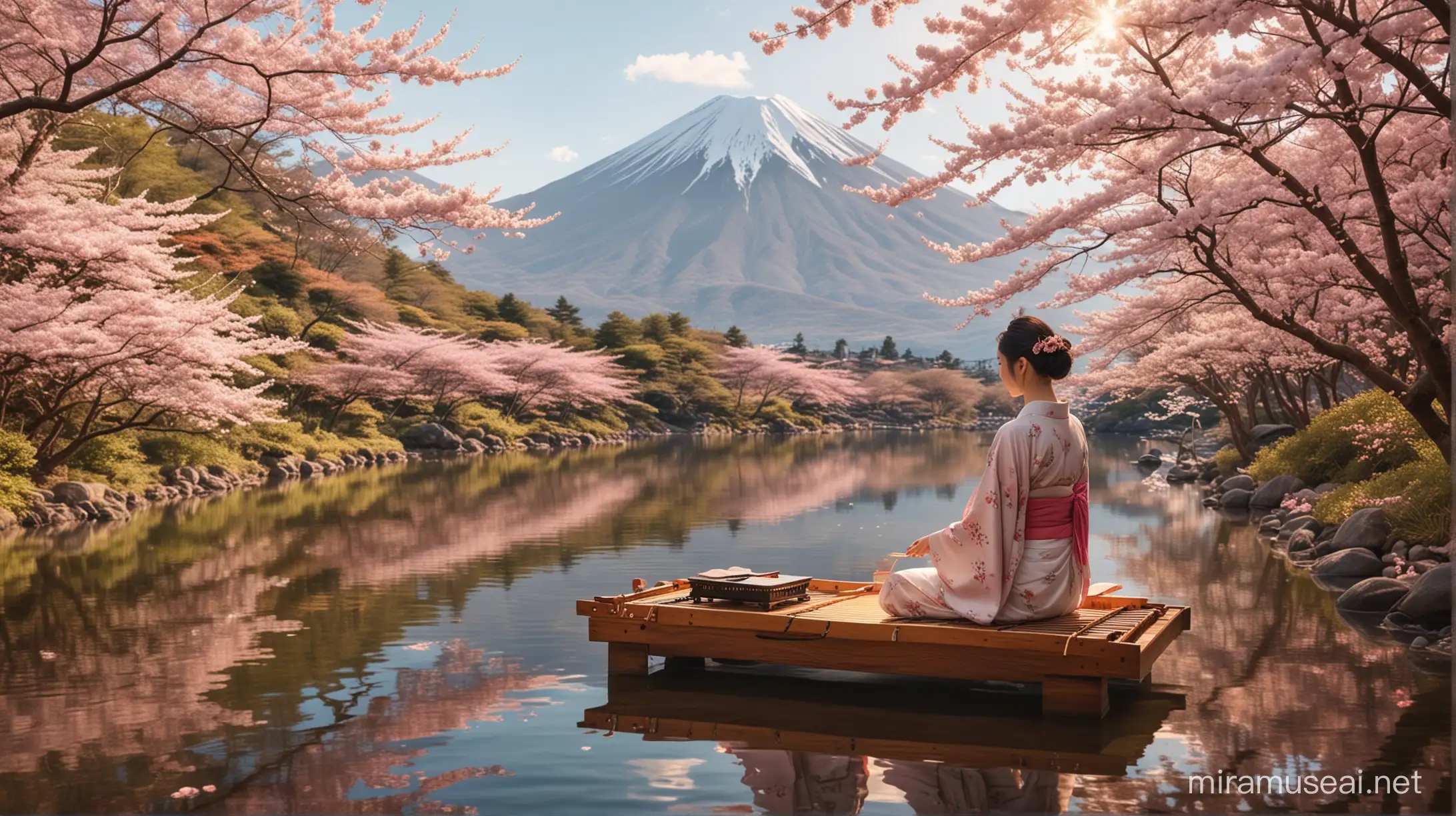 Create an enchanting digital artwork featuring a Japanese scene of serene beauty. The composition centers on a young woman with a graceful, Japanese aesthetic, her back to the camera, revealing a delicate and attractive traditional kimono adorned with cherry blossom motifs. She is seated in the foreground of the iconic Mount Fuji, surrounded by lush greenery and pink cherry blossoms gently swaying in the breeze. The woman is playing a koto, her fingers expertly caressing the strings, creating a harmonious blend with the natural setting. Her face is subtly mirrored in the calm waters at her side, reflecting a serene expression. The scene is bathed in a soft, golden light, enhancing the overall tranquility and cultural richness of the moment.