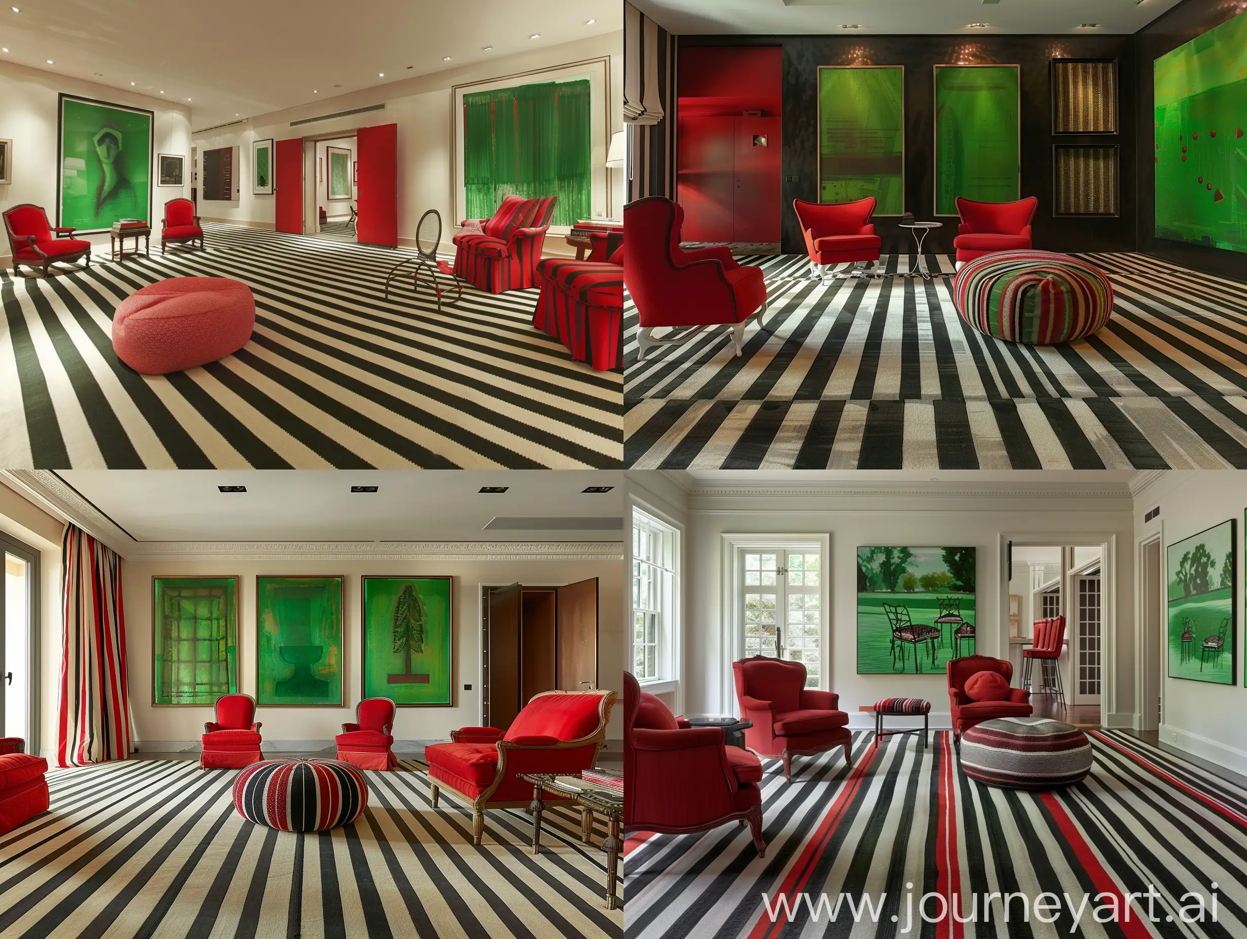 Striped carpet and pouf in the interior of a spacious living room with red chairs and green paintings
