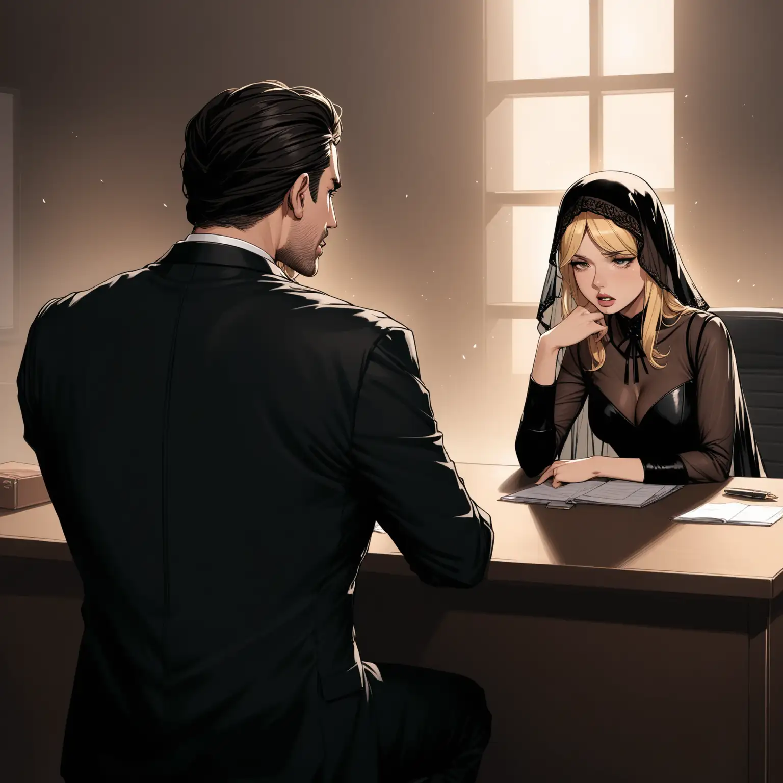 A full body of a A beautiful blonde woman with full lips her facial expression is devastated. She wears a black small pin hat with a short black veil and a leather and sheer black dress. She demands answers. A man sits across from her. He wears a black suit and sits calmly at his desk