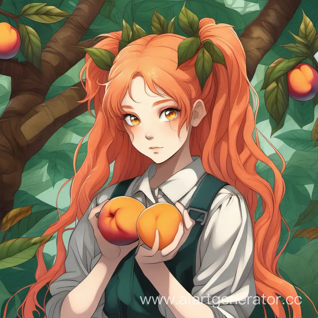 A girl with long orange hair and two buns on her head, into which tree leaves are woven, with heterochromia, holds a peach in her hands
