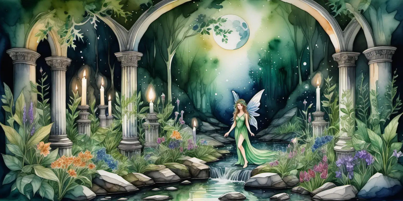 a watercolour painting of a fairy surrounded by emerald crystals , she is in a woodland where wild flowers grow, a beautiful stream flows through an archway . It is a beautiful moonlit night . there are pillars with candles on the top of the pillars