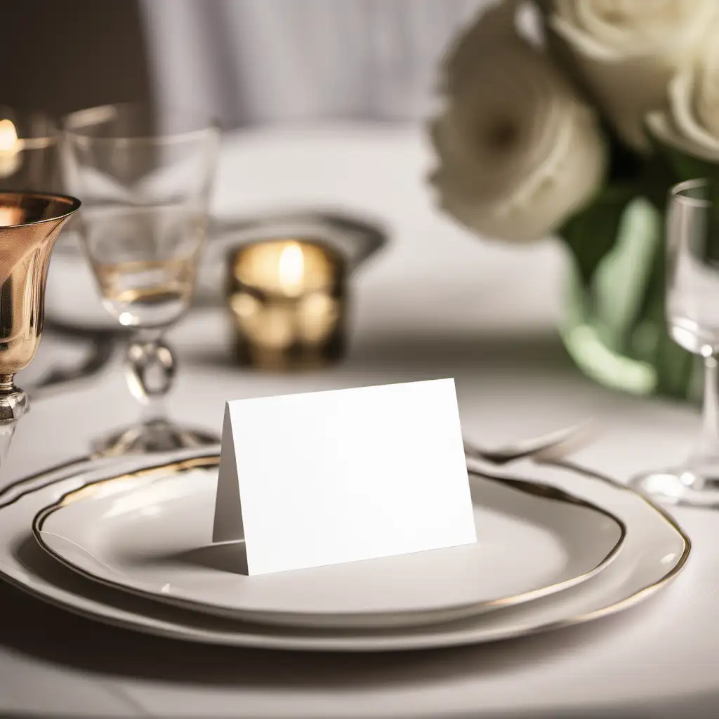 Maquete de um cartão de visita totalmente em branco, em cima de uma mesa, num cenario de casamento.