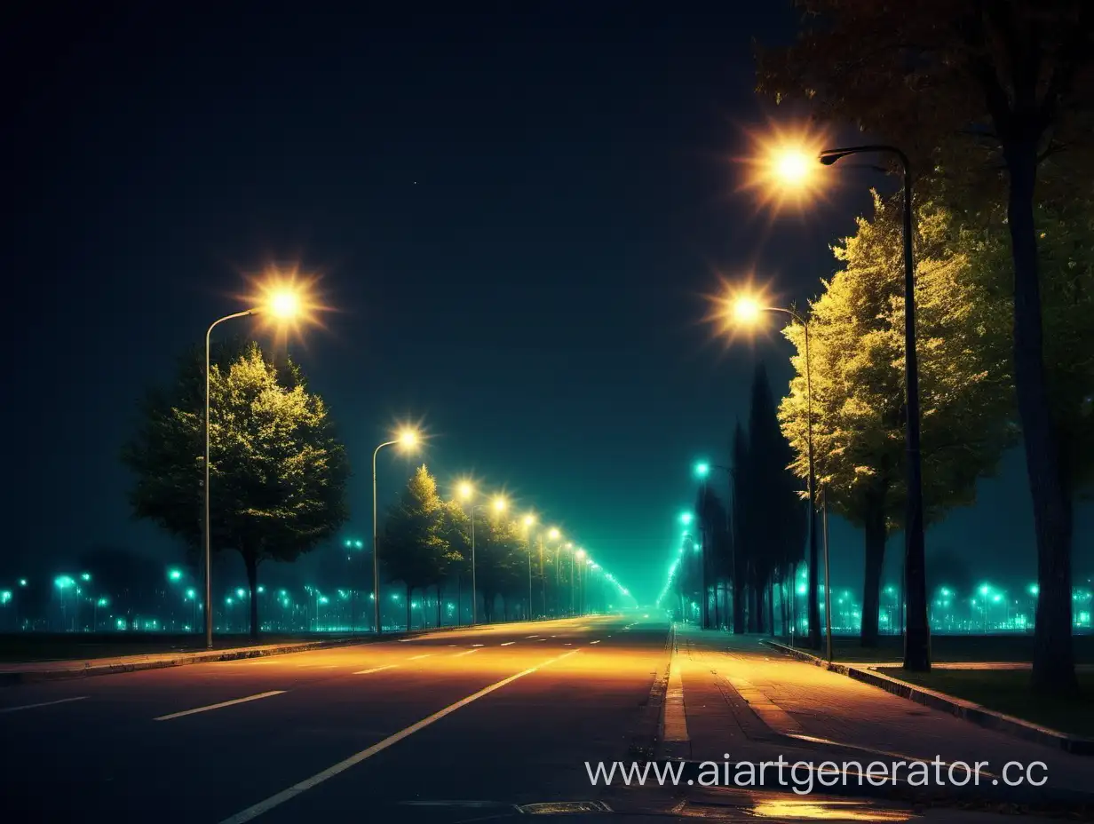 Serene-Night-Cityscape-with-Glowing-Street-Lights