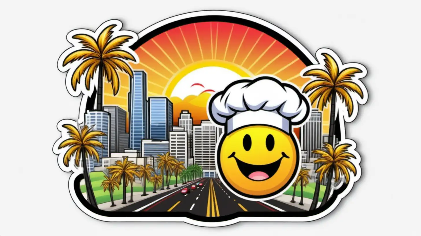 Sunny California Skyline with Smiley Emoji and Chef Hat