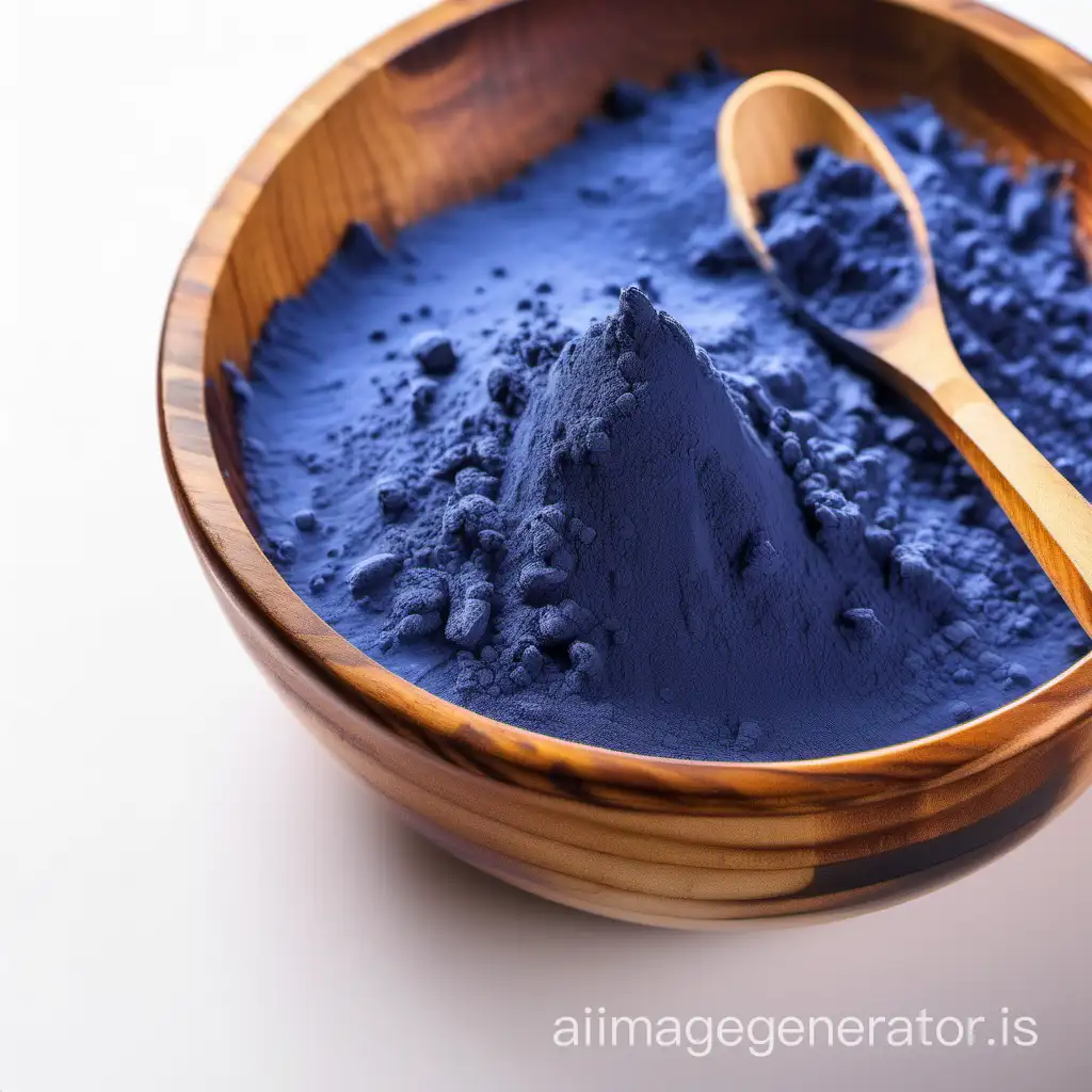 indigo powder contained in a wooden bowl on a white background