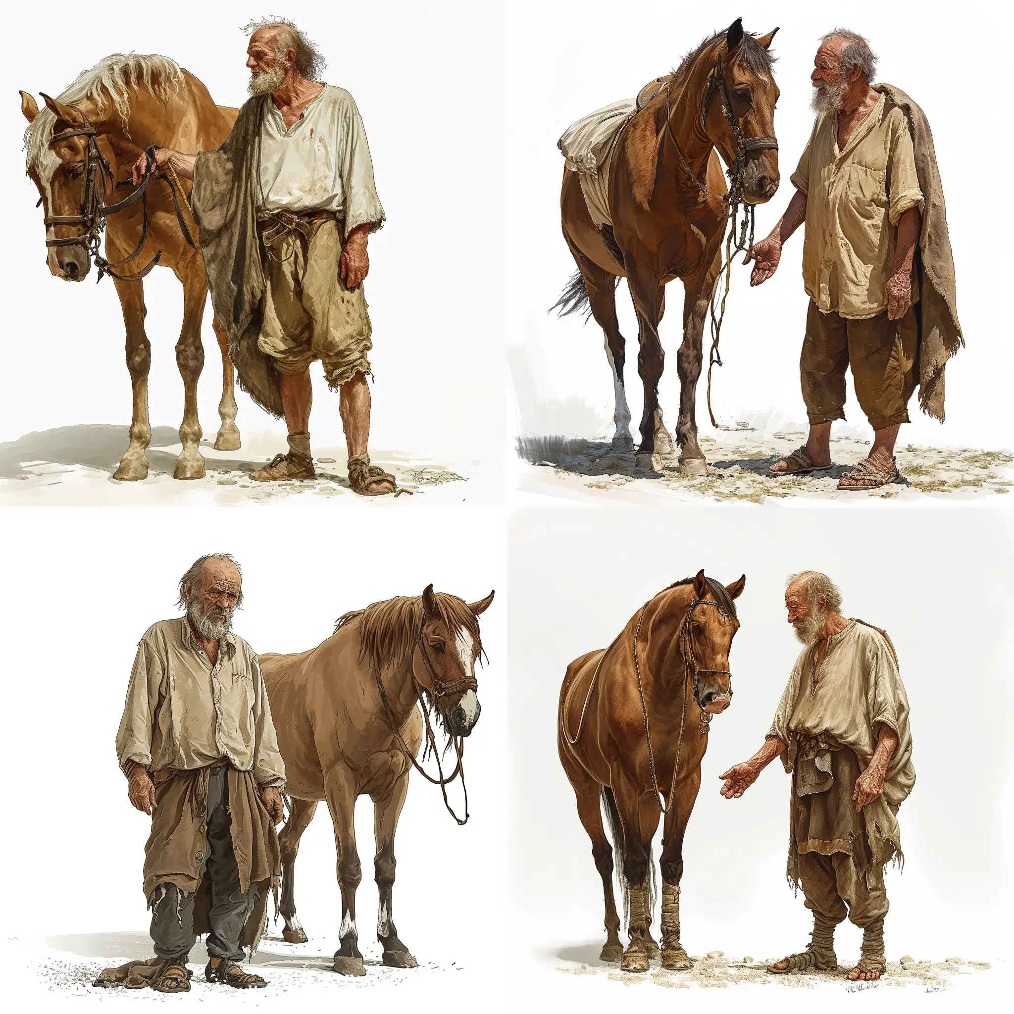 A man very old, in clothes of Ancient Russia, in a shirt, without a cloak, standing in full height, next to a horse, on a white background, caricature style