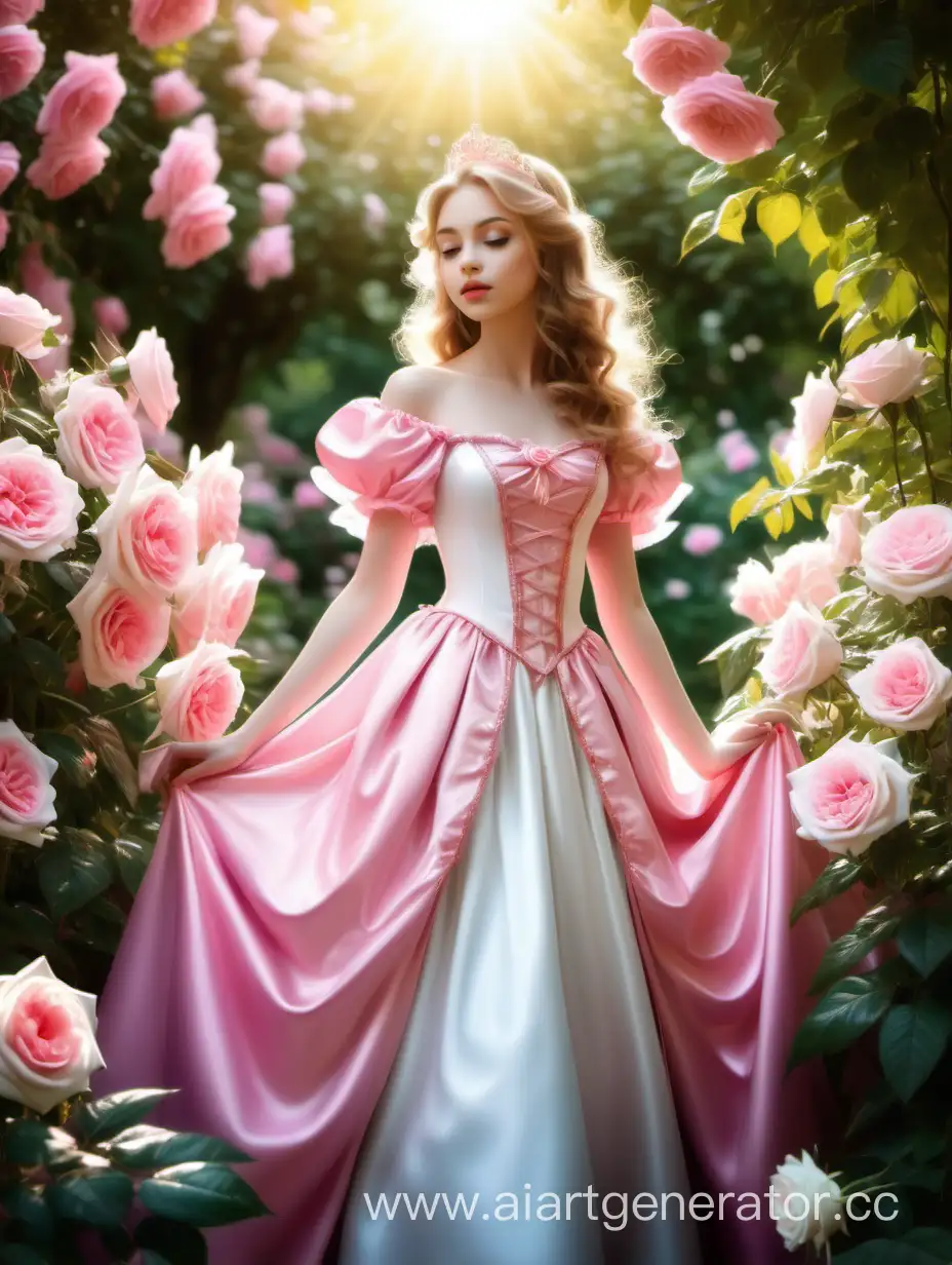девушка принцесса , в райском саду, много деревьев, цветущих растений, роз, яркое солнце, красивая одежда в розовых и белых тонах