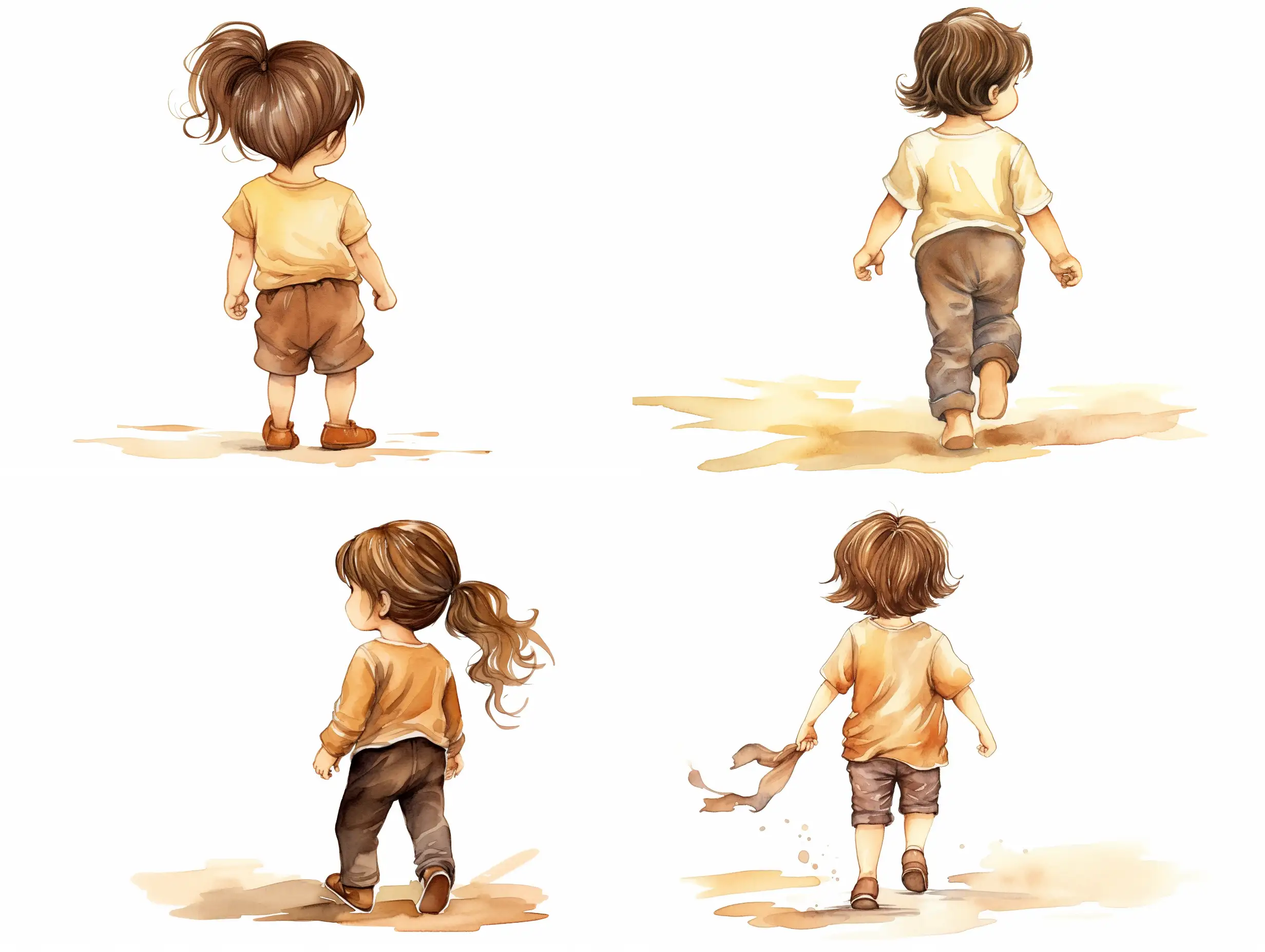 Three-year-old girl, light brown hair above the shoulders, with brown eyes, long eyelashes, small mouth, wears trousers and a T-shirt, in profile, goes for a walk, stylized caricature, decorative, flat illustration, on a white background, watercolor, ink, Victor ngai style, bright colors