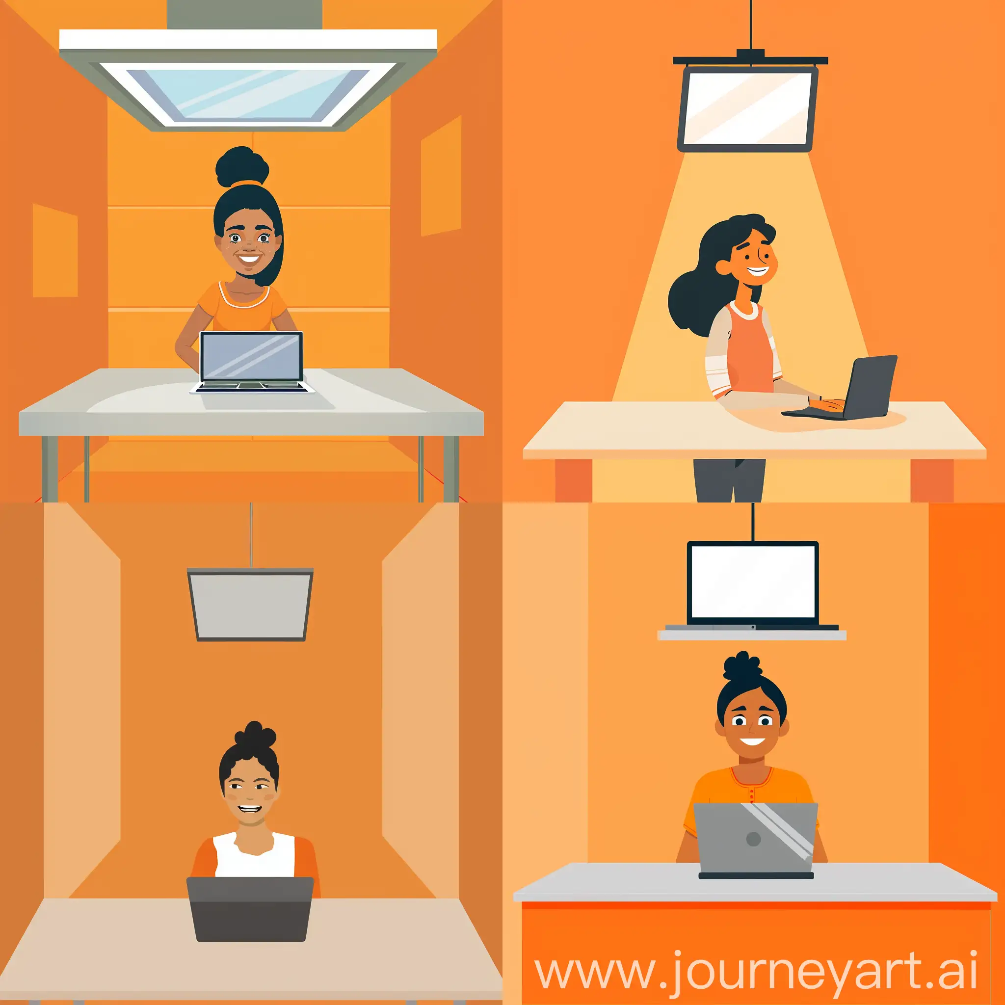illustration in flat style of a woman, smiling, wearing casual clothes, looking at her laptop screen which is above a clean table, inside an empty orange room, high quality details,